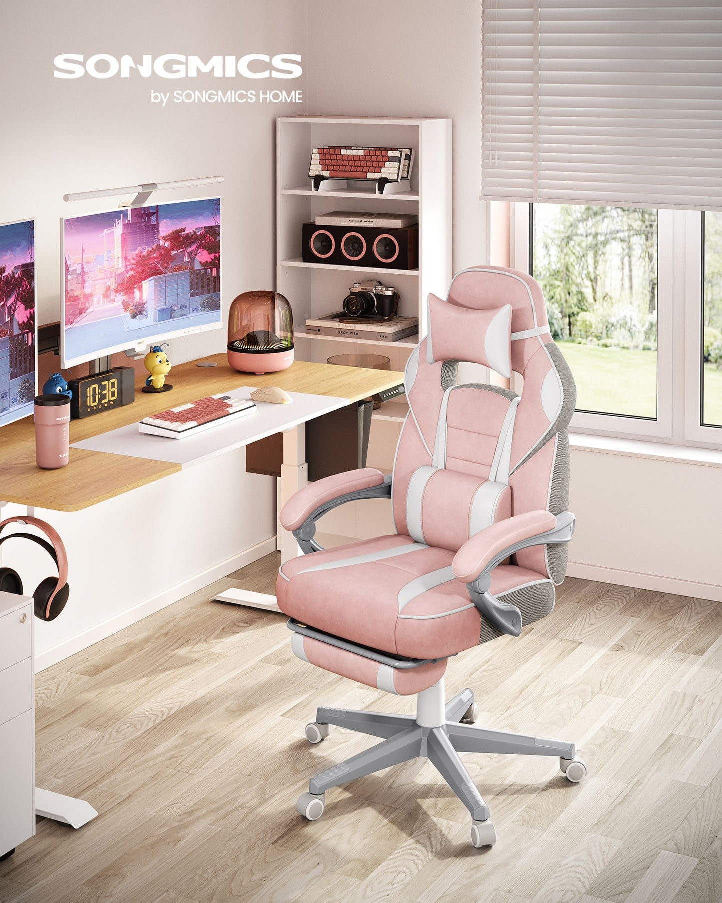 Silla de Oficina Ergonómica con Reposapiés Rosa Jalea y Blanco Crema-SONGMICS