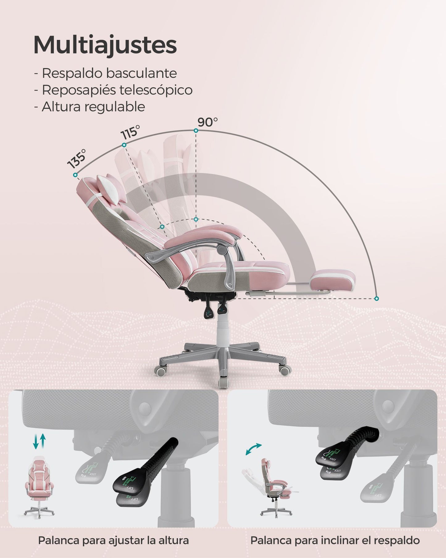 Silla de Oficina Ergonómica con Reposapiés Rosa Jalea y Blanco Crema-SONGMICS