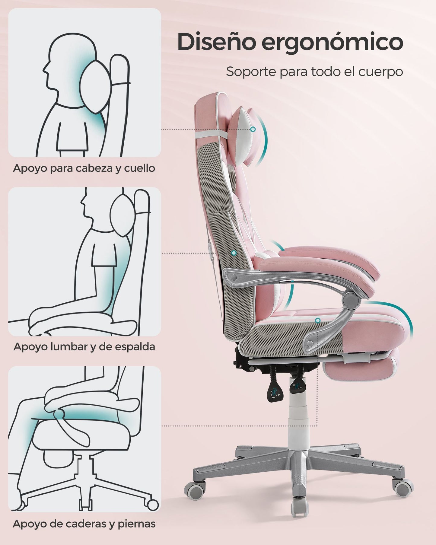 Silla de Oficina Ergonómica con Reposapiés Rosa Jalea y Blanco Crema-SONGMICS