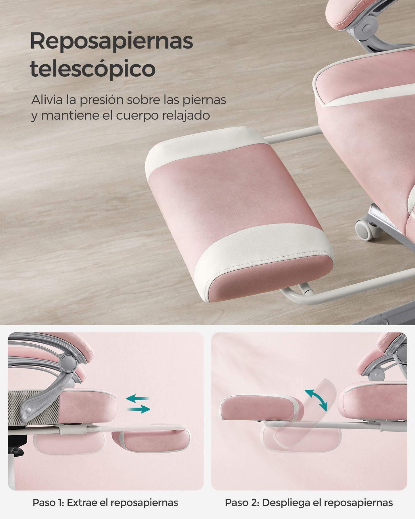 Silla de Oficina Ergonómica con Reposapiés Rosa Jalea y Blanco Crema-SONGMICS