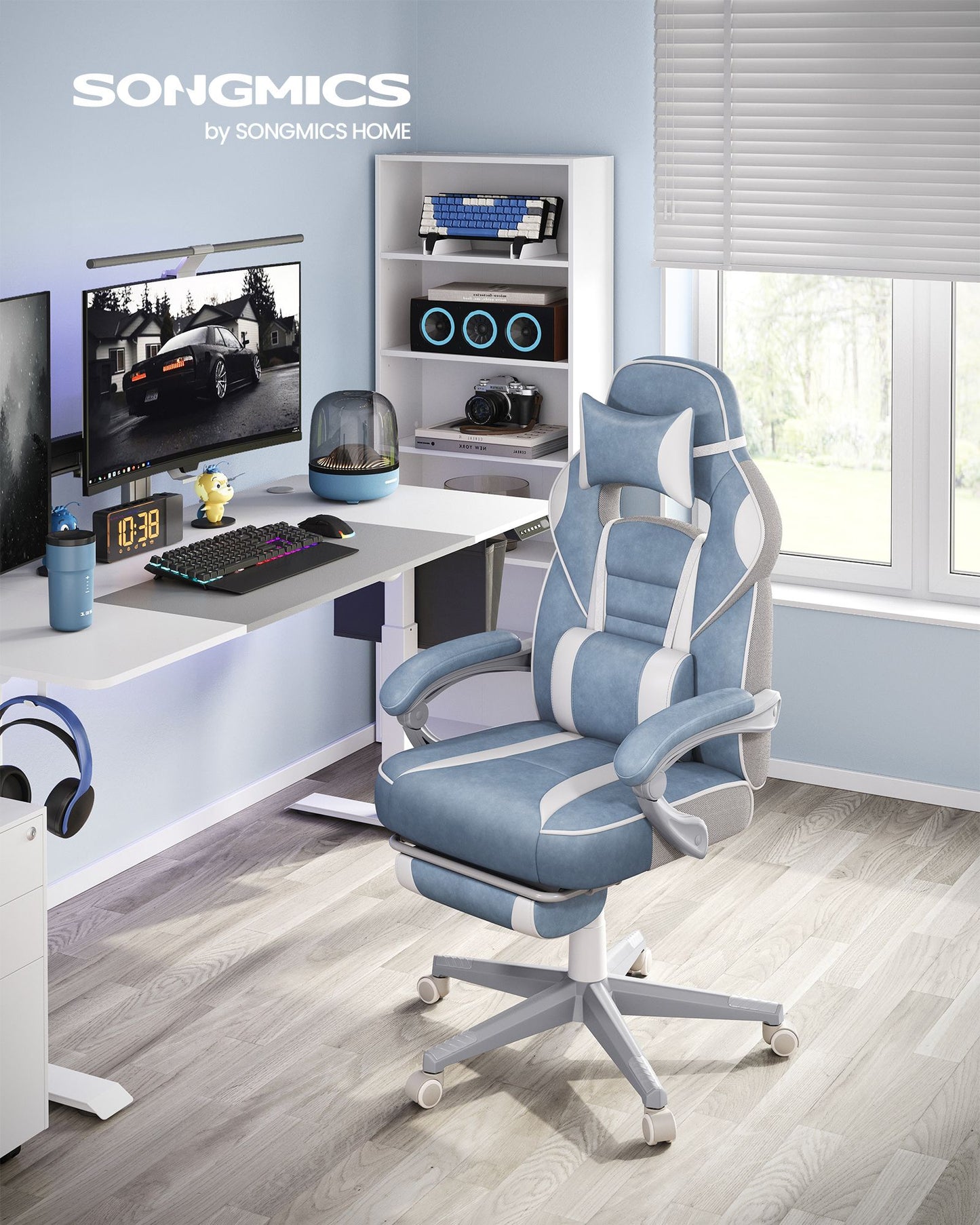 Silla de Oficina Ergonómica con Reposapiés Azul Pavo y Blanco Crema-SONGMICS