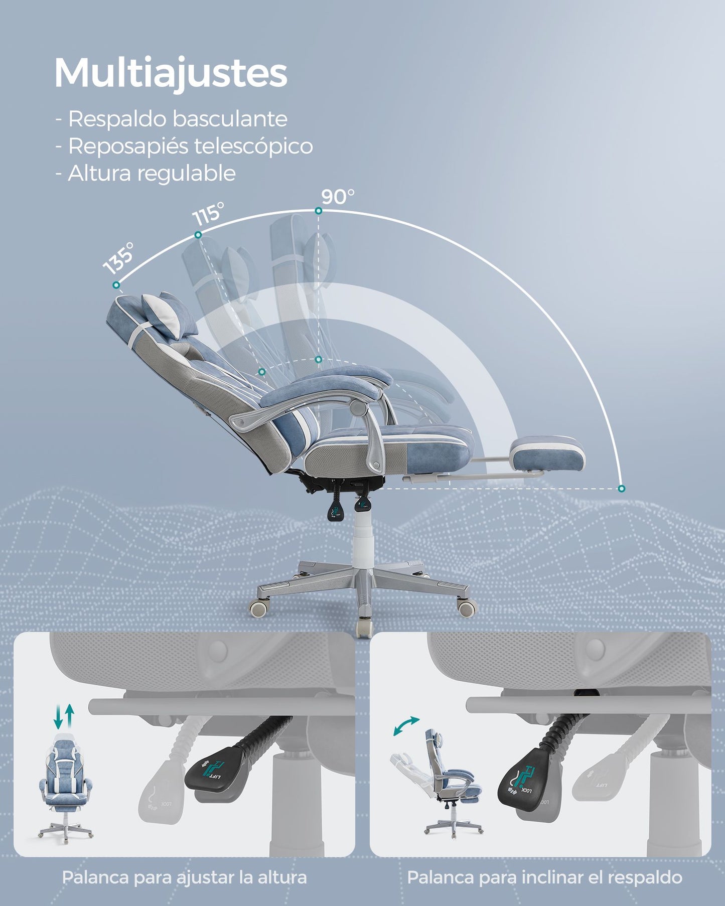 Silla de Oficina Ergonómica con Reposapiés Azul Pavo y Blanco Crema-SONGMICS