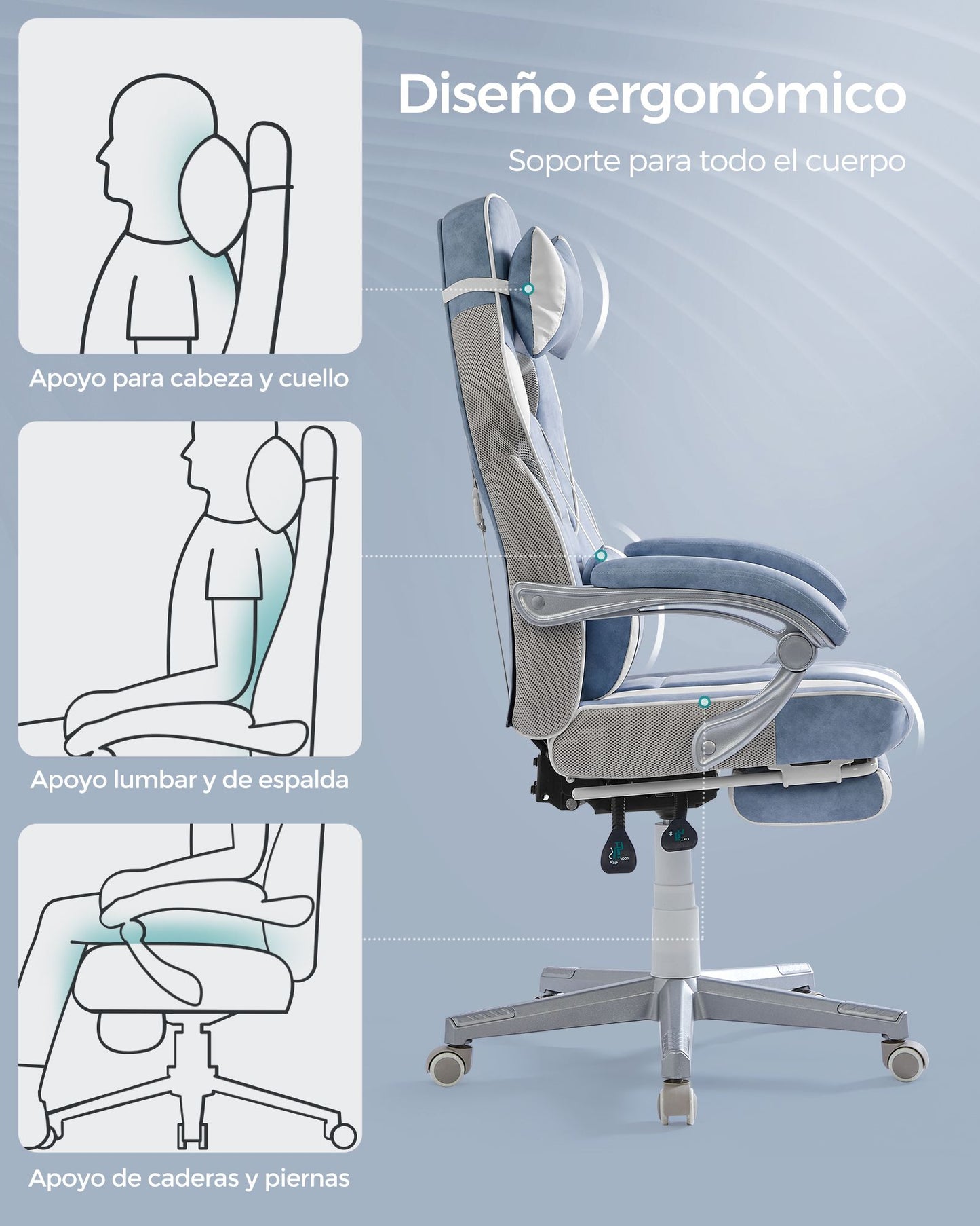 Silla de Oficina Ergonómica con Reposapiés Azul Pavo y Blanco Crema-SONGMICS