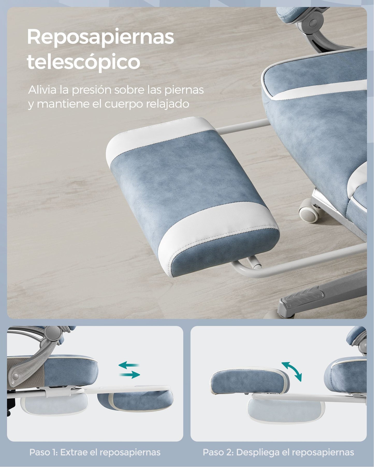 Silla de Oficina Ergonómica con Reposapiés Azul Pavo y Blanco Crema-SONGMICS