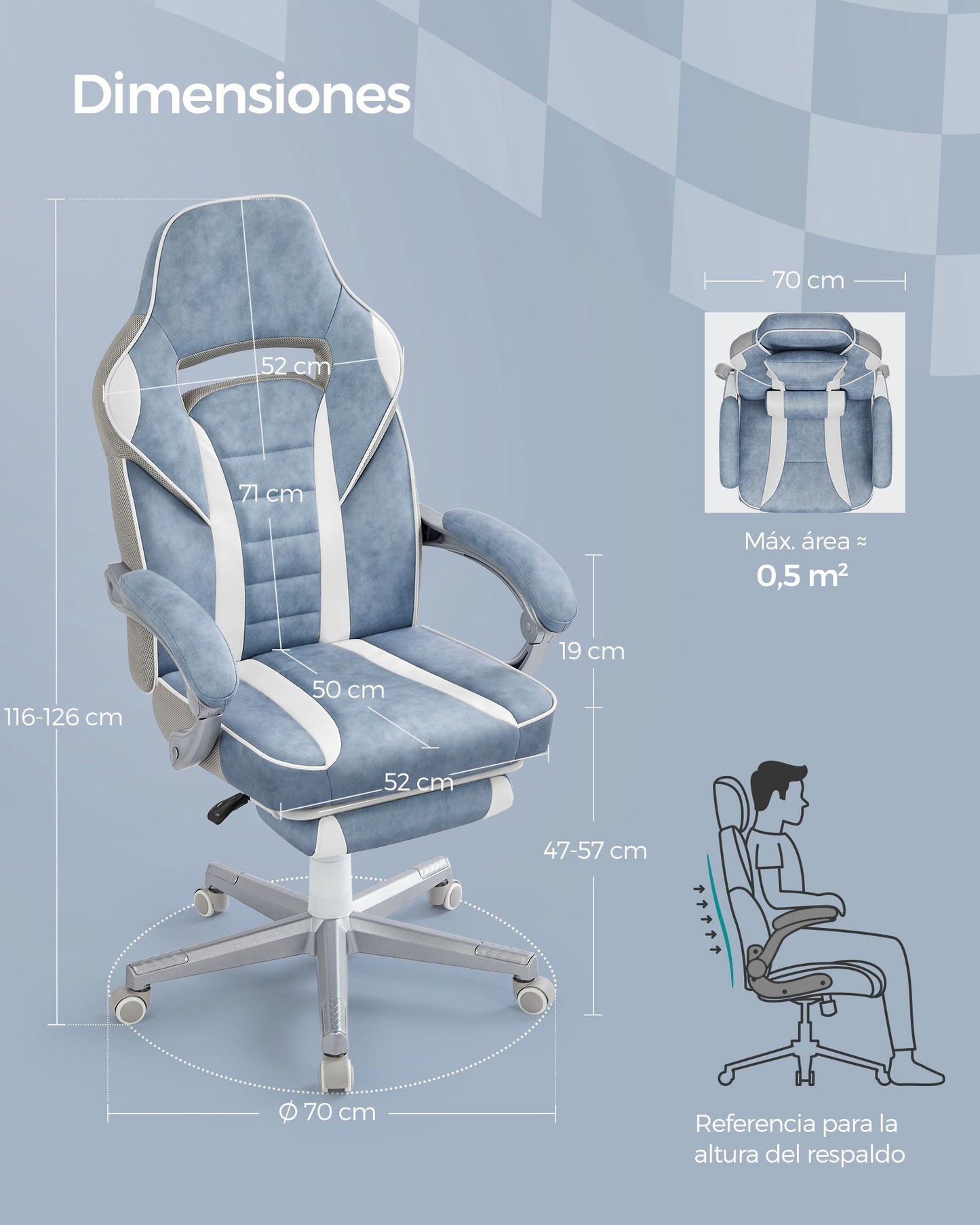 Silla de Oficina Ergonómica con Reposapiés Azul Pavo y Blanco Crema-SONGMICS