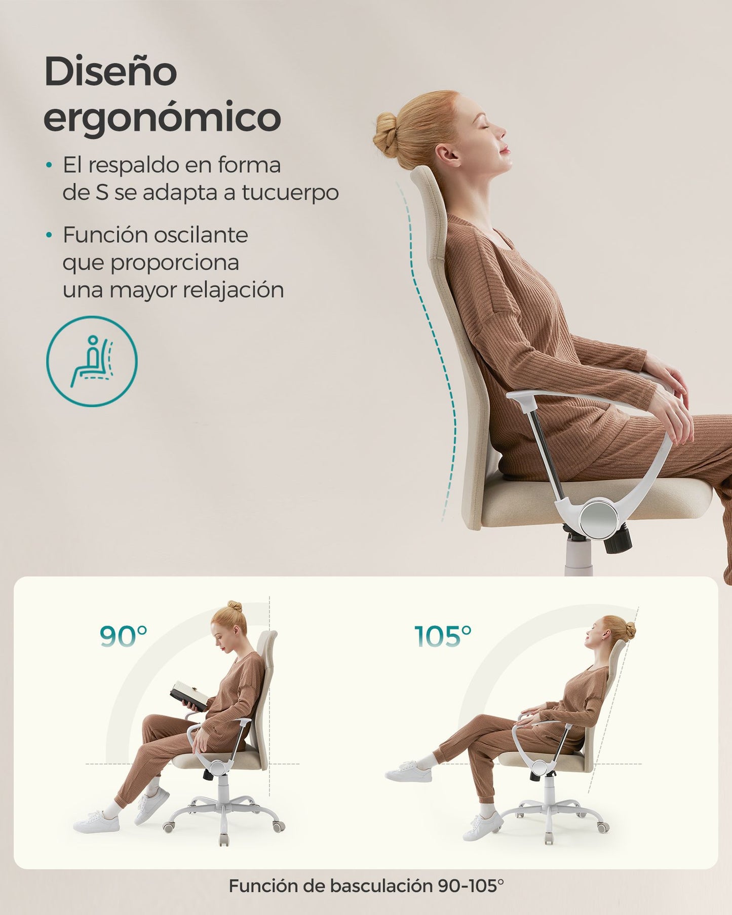 Silla de Oficina Silla de Escritorio Ergonómica Silla Giratoria Asiento Tapizado-SONGMICS