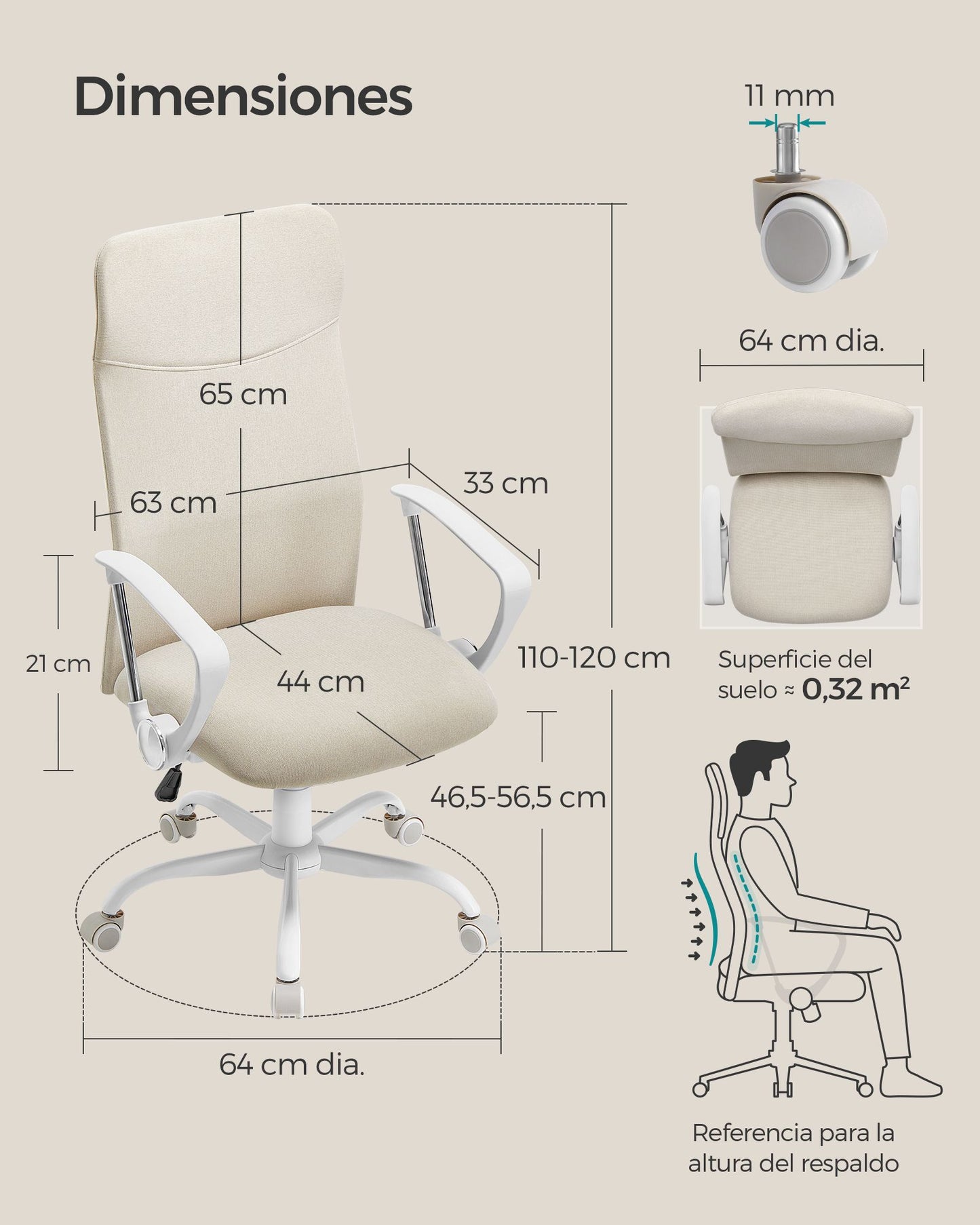 Silla de Oficina Silla de Escritorio Ergonómica Silla Giratoria Asiento Tapizado-SONGMICS