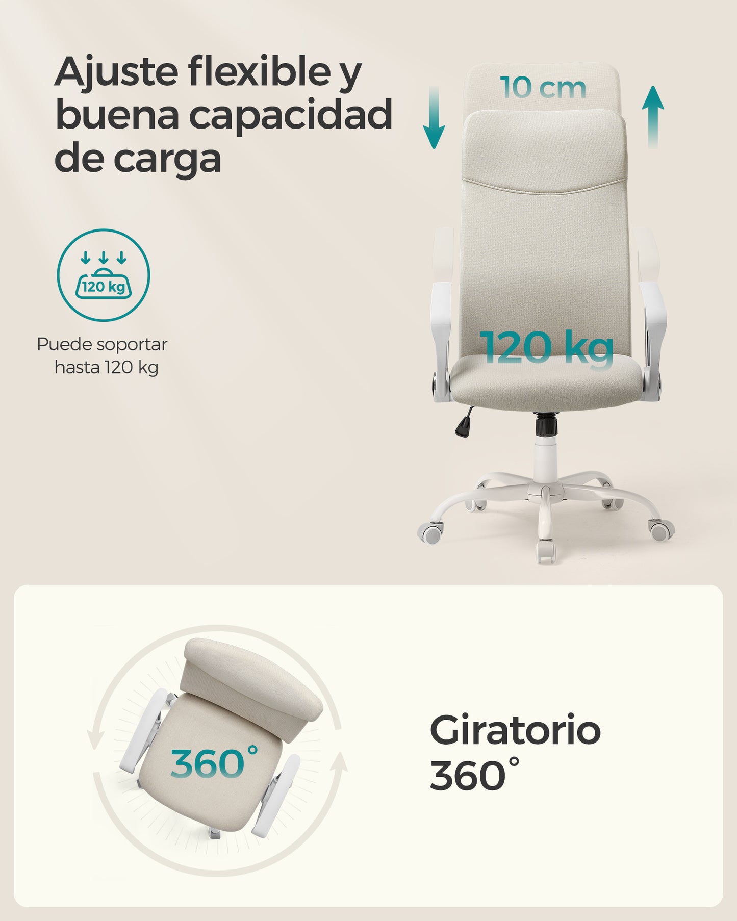 Silla de Oficina Silla de Escritorio Ergonómica Silla Giratoria Asiento Tapizado-SONGMICS