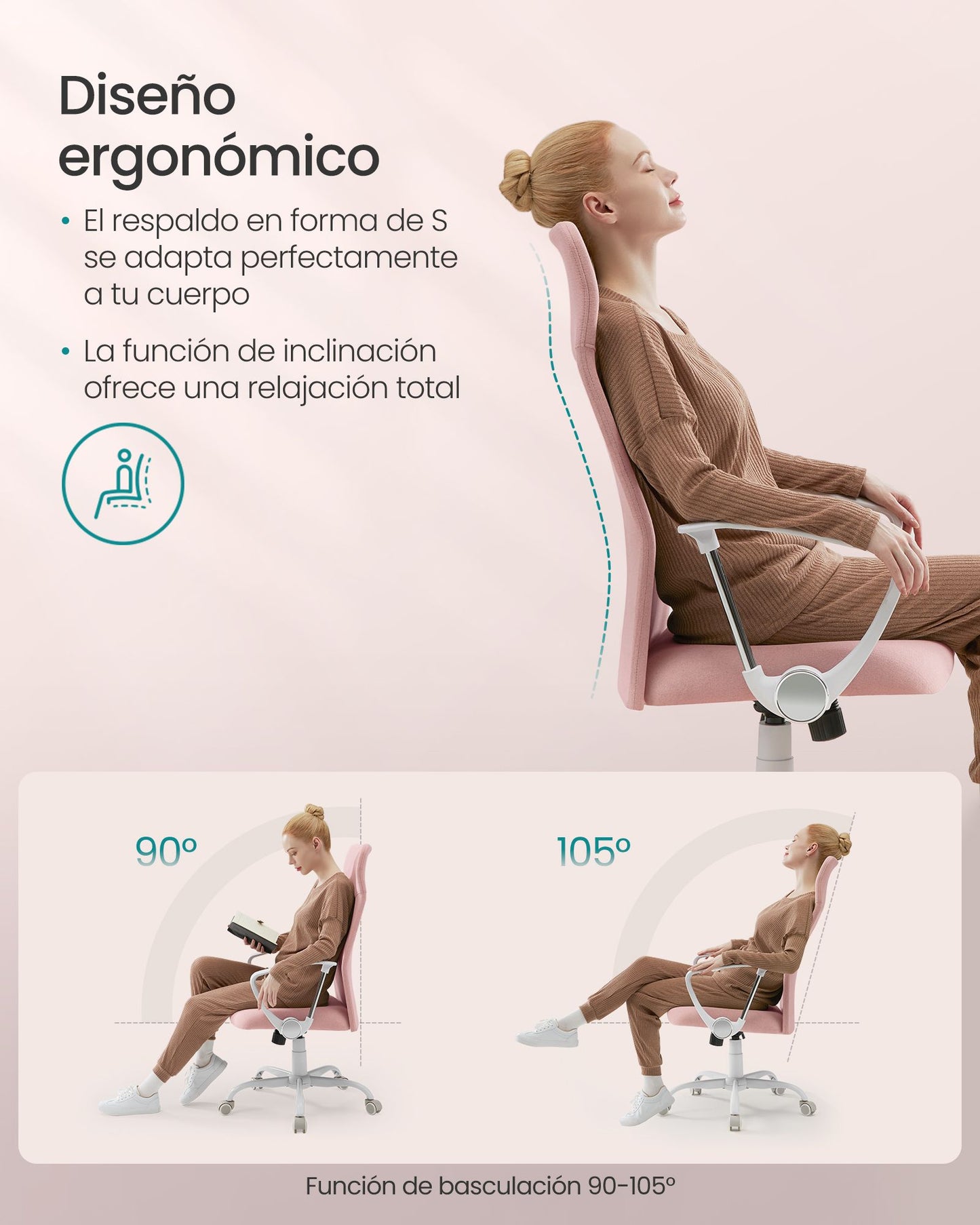 Silla de Oficina Ergonómica Ajustable en Altura Rosa Jalea-SONGMICS