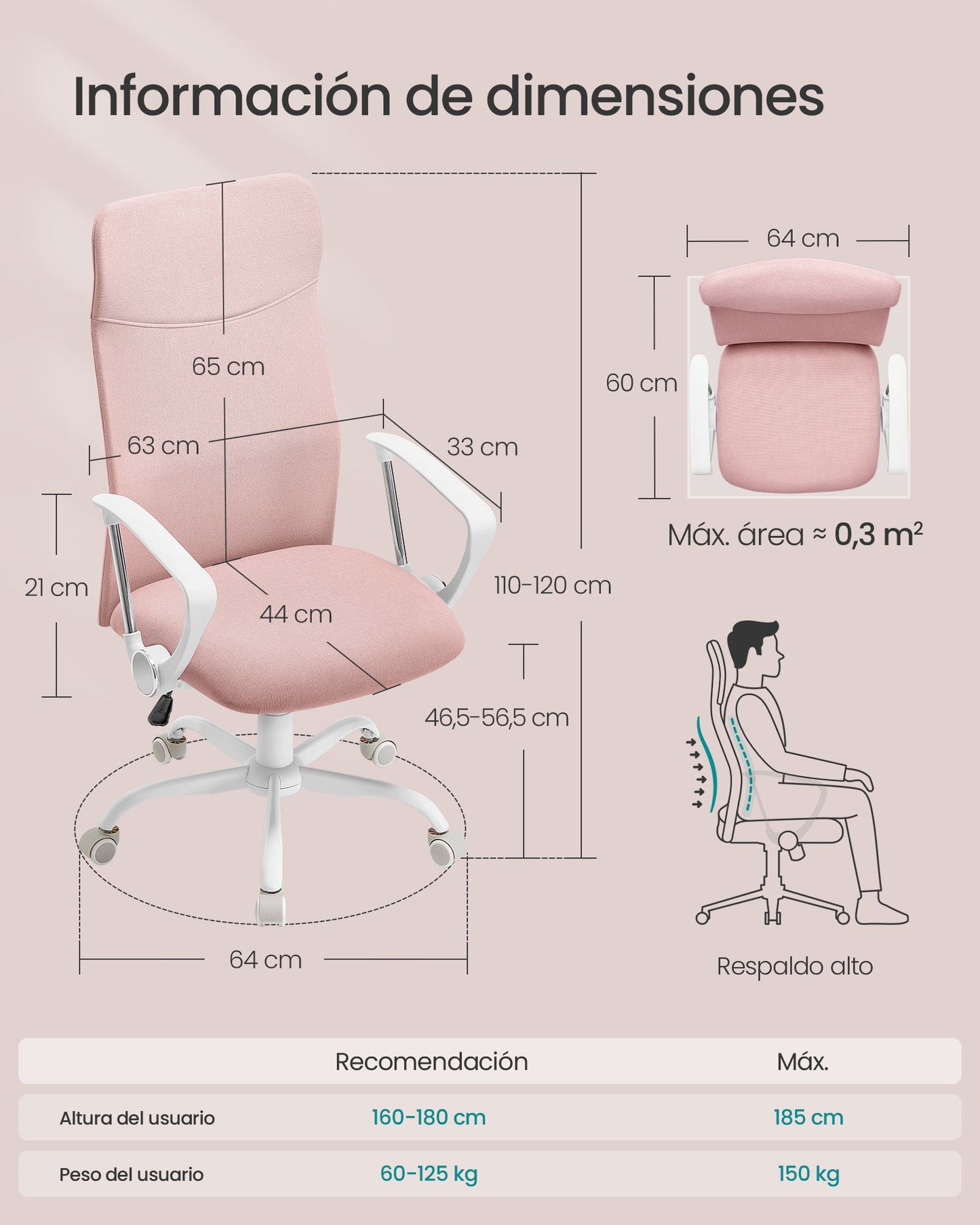 Silla de Oficina Ergonómica Ajustable en Altura Rosa Jalea-SONGMICS