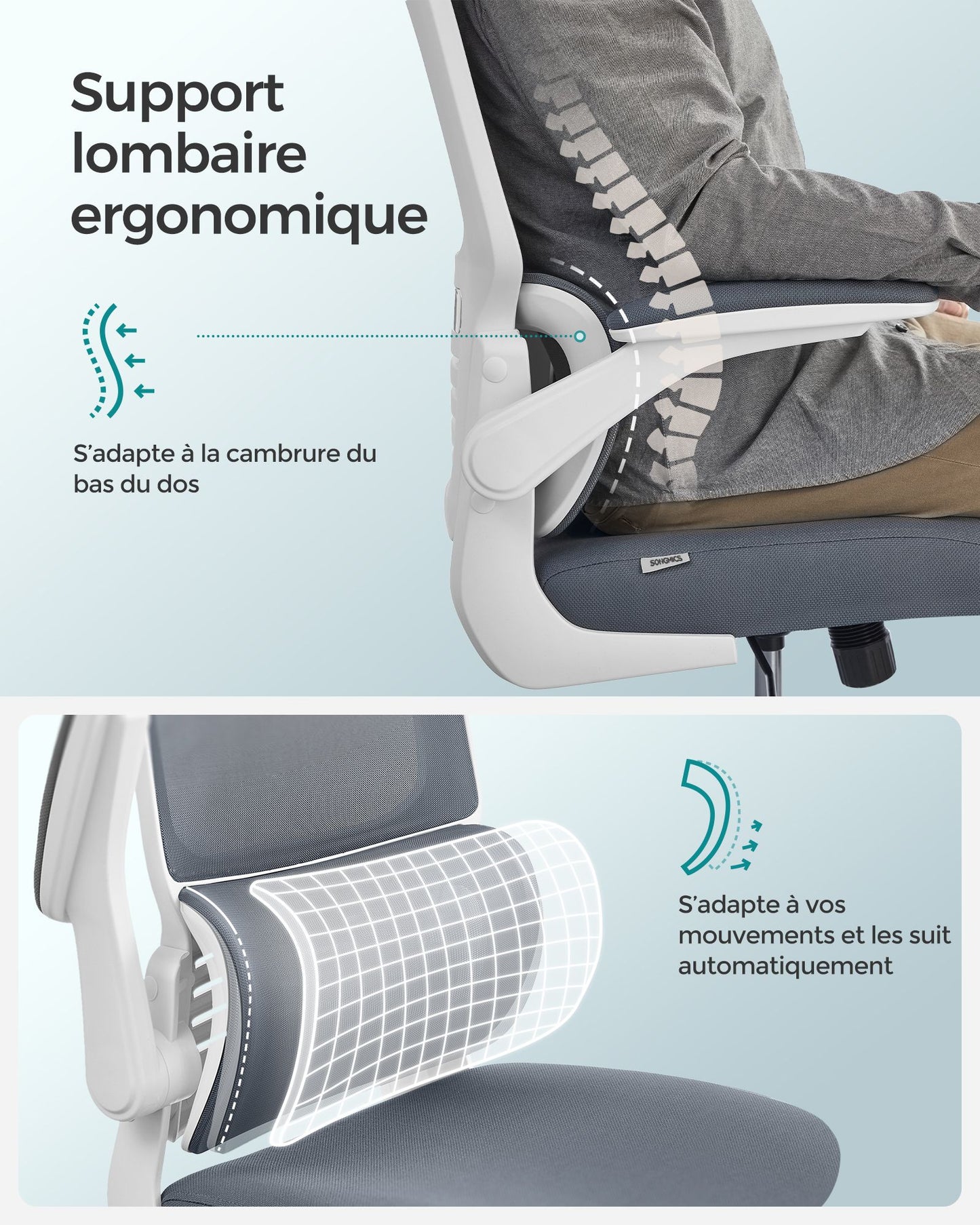 Silla Ergonómica de Oficina Reposabrazos Abatibles Gris Paloma-SONGMICS