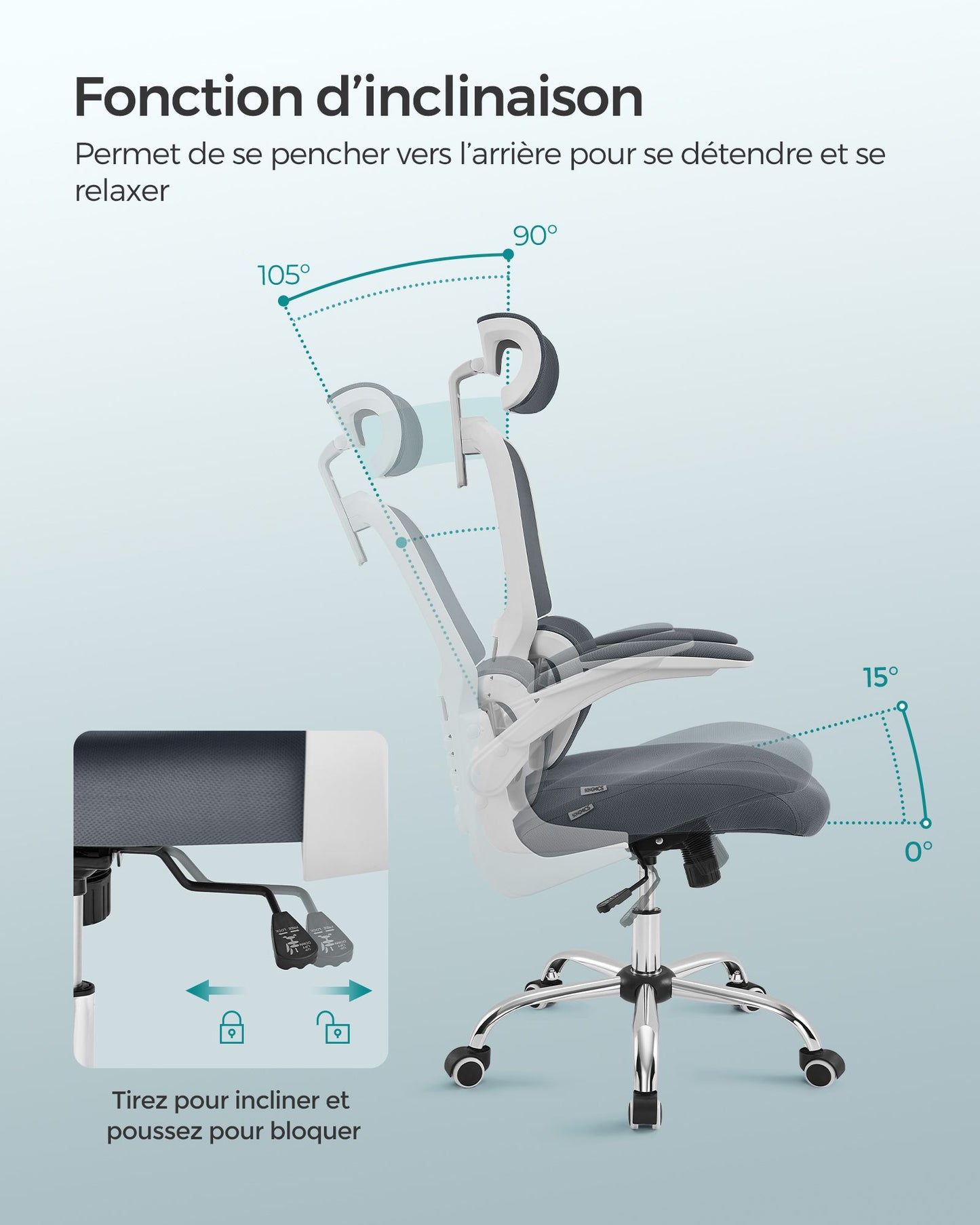 Silla Ergonómica de Oficina Reposabrazos Abatibles Gris Paloma-SONGMICS