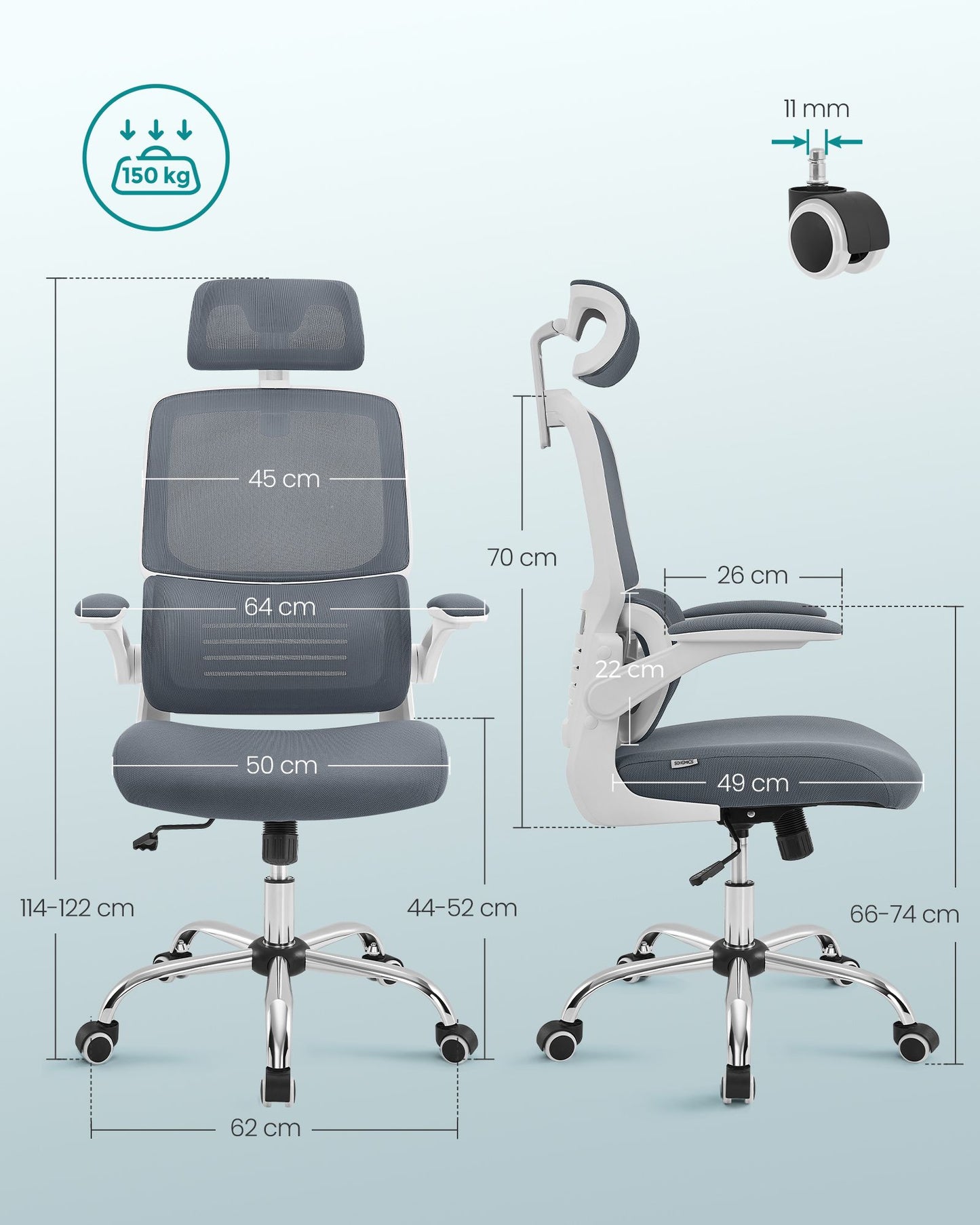 Silla Ergonómica de Oficina Reposabrazos Abatibles Gris Paloma-SONGMICS