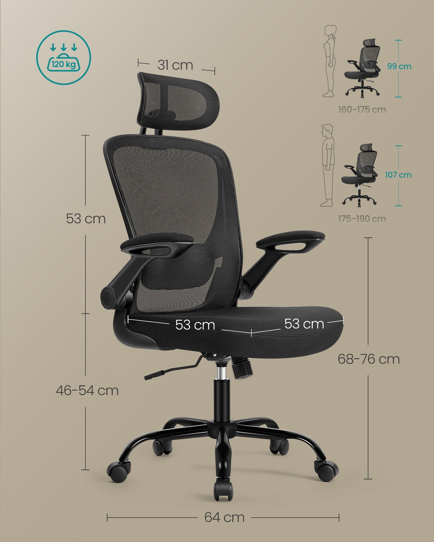 Silla de Oficinade Malla Ergonómica Negro Tinta-SONGMICS