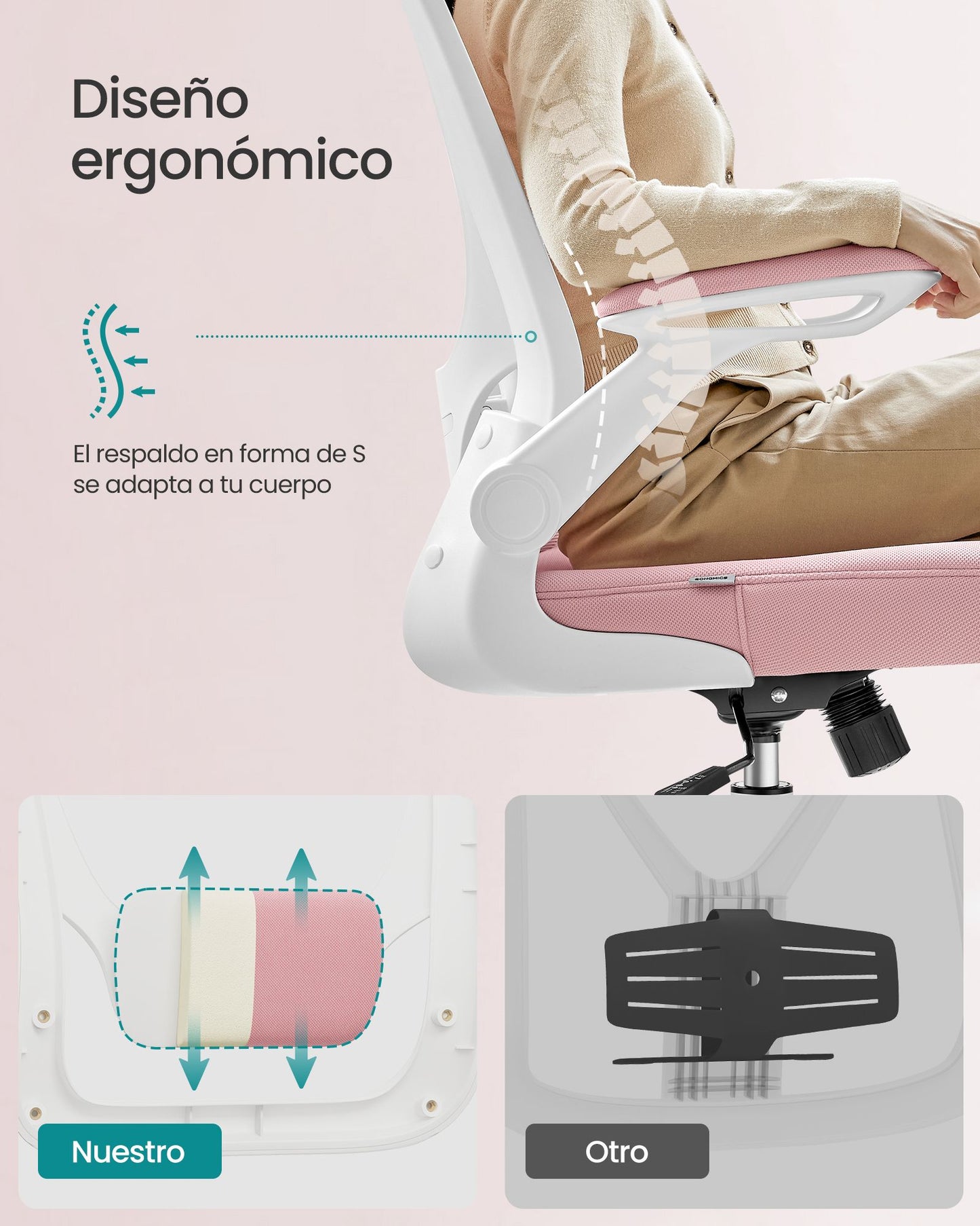 Silla de Oficina Asiento de 53 cm Reposacabezas Rosa Jalea-SONGMICS