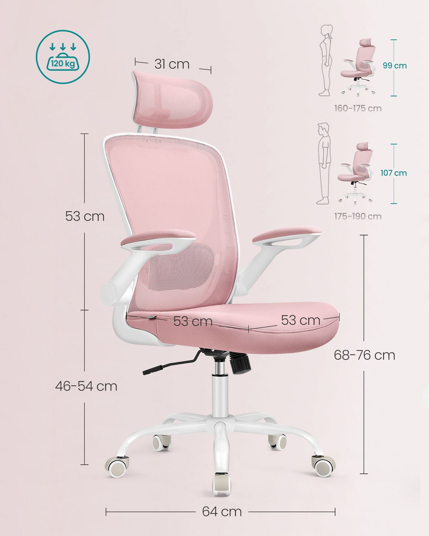 Silla de Oficina Asiento de 53 cm Reposacabezas Rosa Jalea-SONGMICS