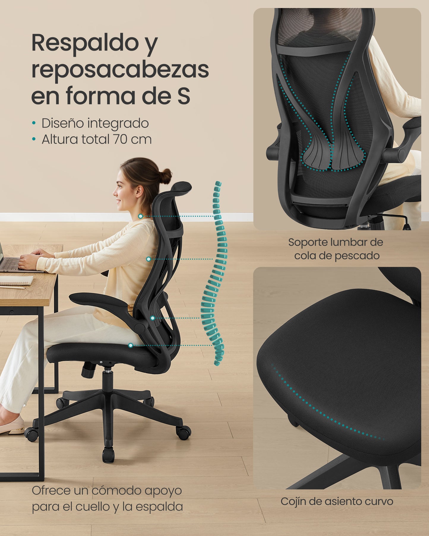 Silla de Oficina Respaldo Ergonómico Negro Tinta-SONGMICS