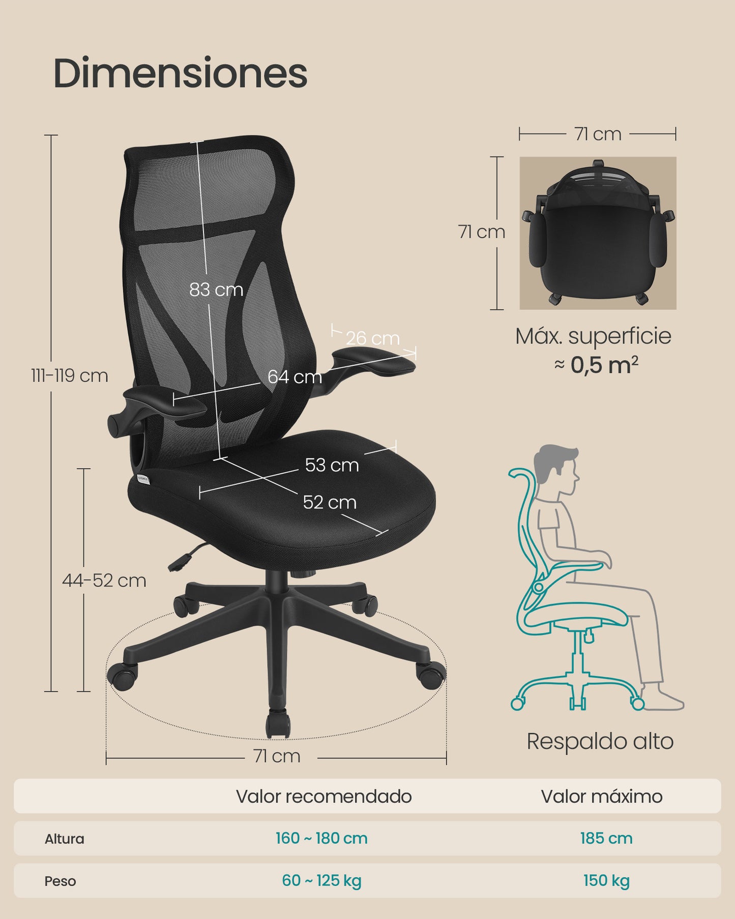 Silla de Oficina Respaldo Ergonómico Negro Tinta-SONGMICS