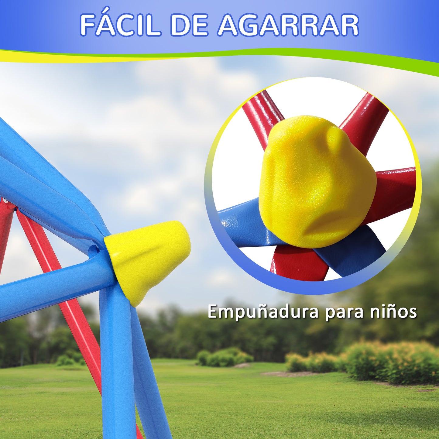 Outsunny Cúpula de Escalada Juego de Cúpula Geométrica Parque Infantil para 3-8 Años con Marco de Metálico Anti-UV Carga 180 kg para Patio Jardín Ø183x90 cm Rojo y Azul