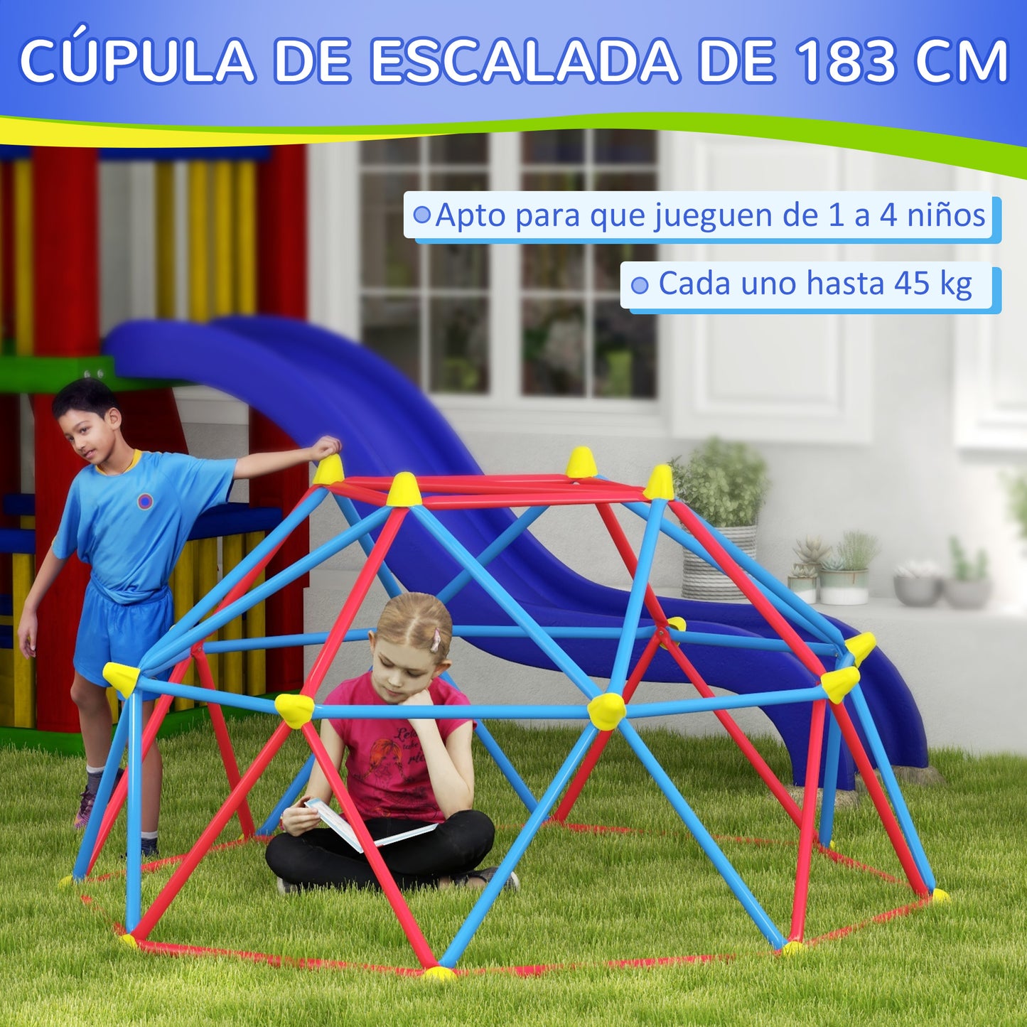 Outsunny Cúpula de Escalada Juego de Cúpula Geométrica Parque Infantil para 3-8 Años con Marco de Metálico Anti-UV Carga 180 kg para Patio Jardín Ø183x90 cm Rojo y Azul