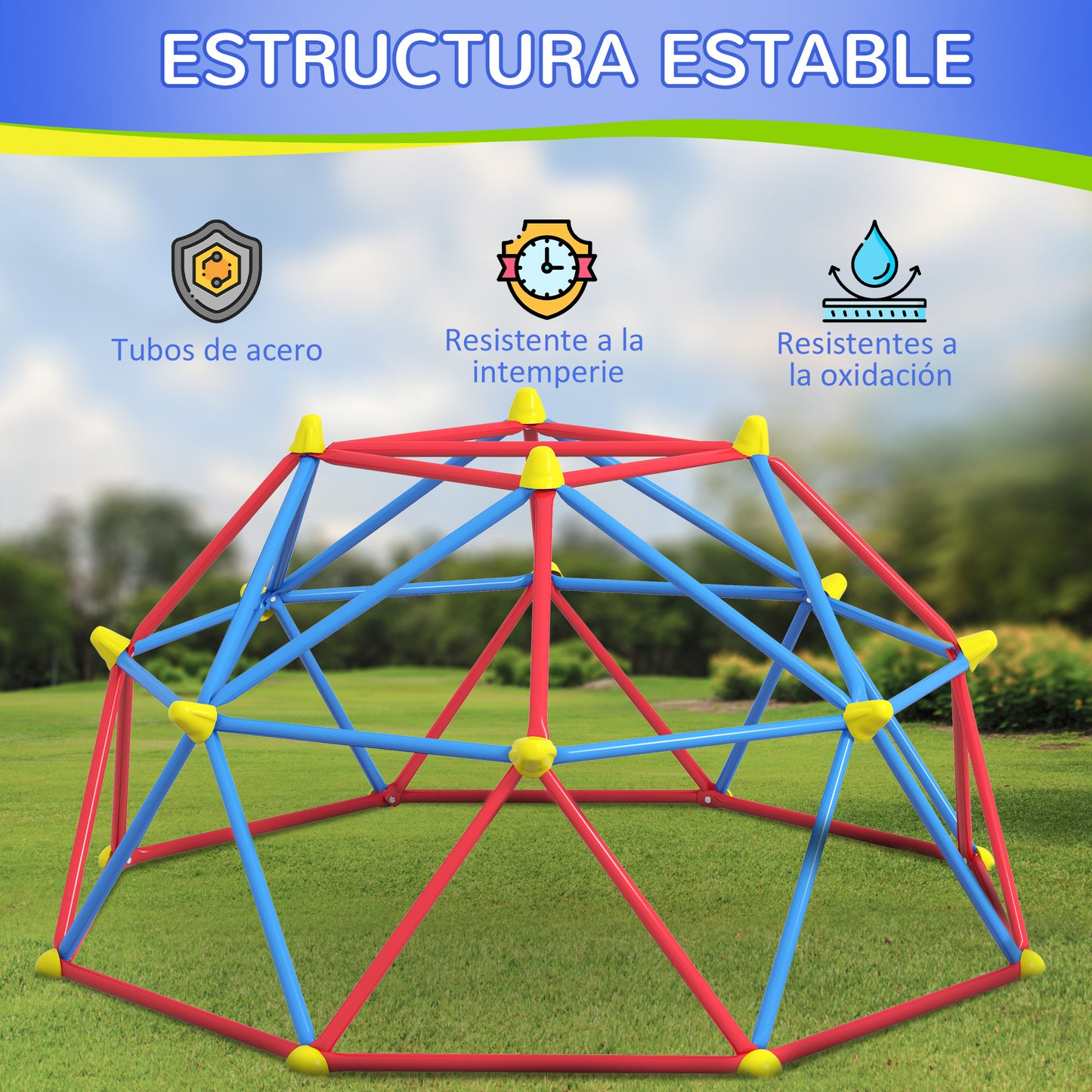 Outsunny Cúpula de Escalada Juego de Cúpula Geométrica Parque Infantil para 3-8 Años con Marco de Metálico Anti-UV Carga 180 kg para Patio Jardín Ø183x90 cm Rojo y Azul