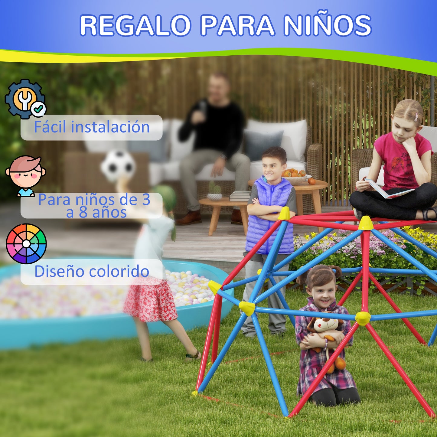 Outsunny Cúpula de Escalada Juego de Cúpula Geométrica Parque Infantil para 3-8 Años con Marco de Metálico Anti-UV Carga 180 kg para Patio Jardín Ø183x90 cm Rojo y Azul