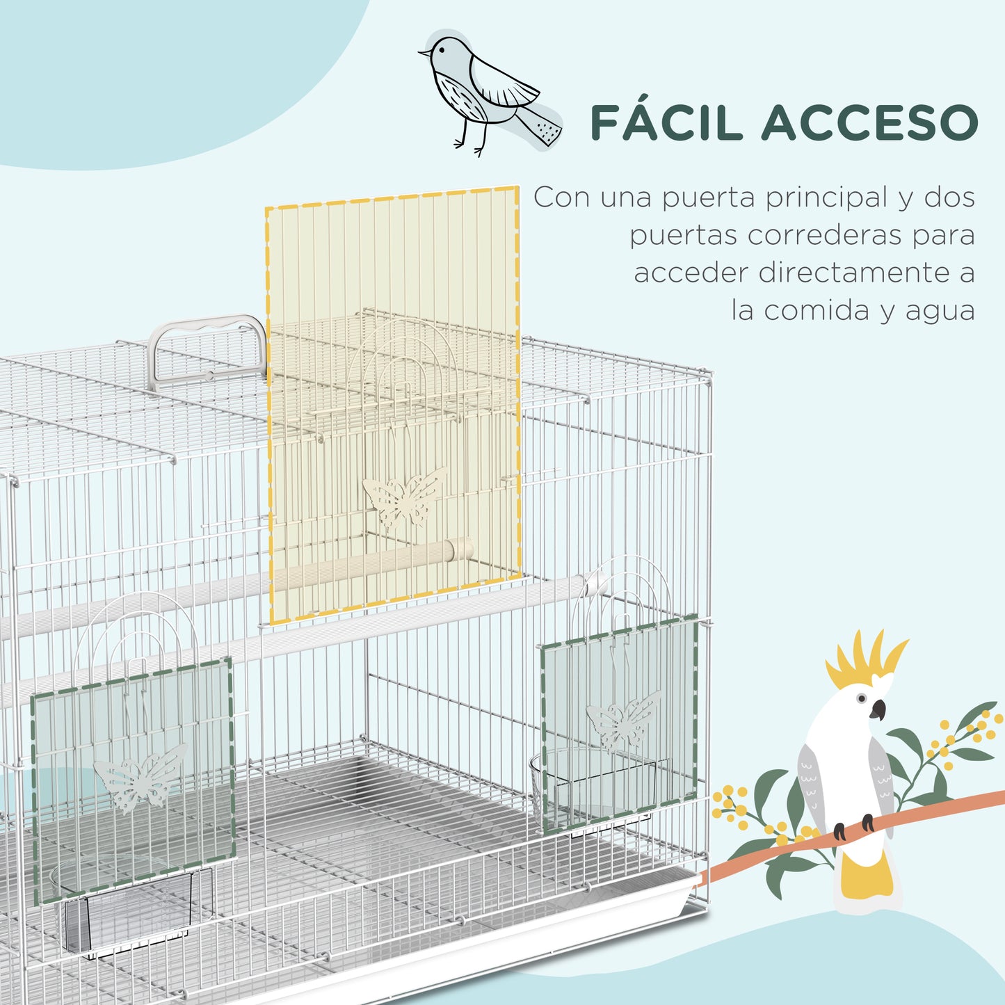 PawHut Jaula para Pájaros 60x41x41 cm Pajarera de Metal con Comederos 2 Perchas 3 Puertas y Asa de Transporte para Pájaros Pequeños Canarios Cotorras Blanco