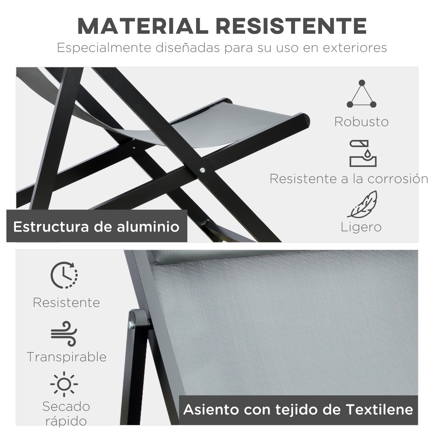 Outsunny Conjunto de 2 Tumbonas Plegables de Aluminio Tumbonas de Jardín con Respaldo Regulable en 5 Posiciones y Reposacabezas para Terraza Patio Exterior 58x96,5x91,5 cm Gris