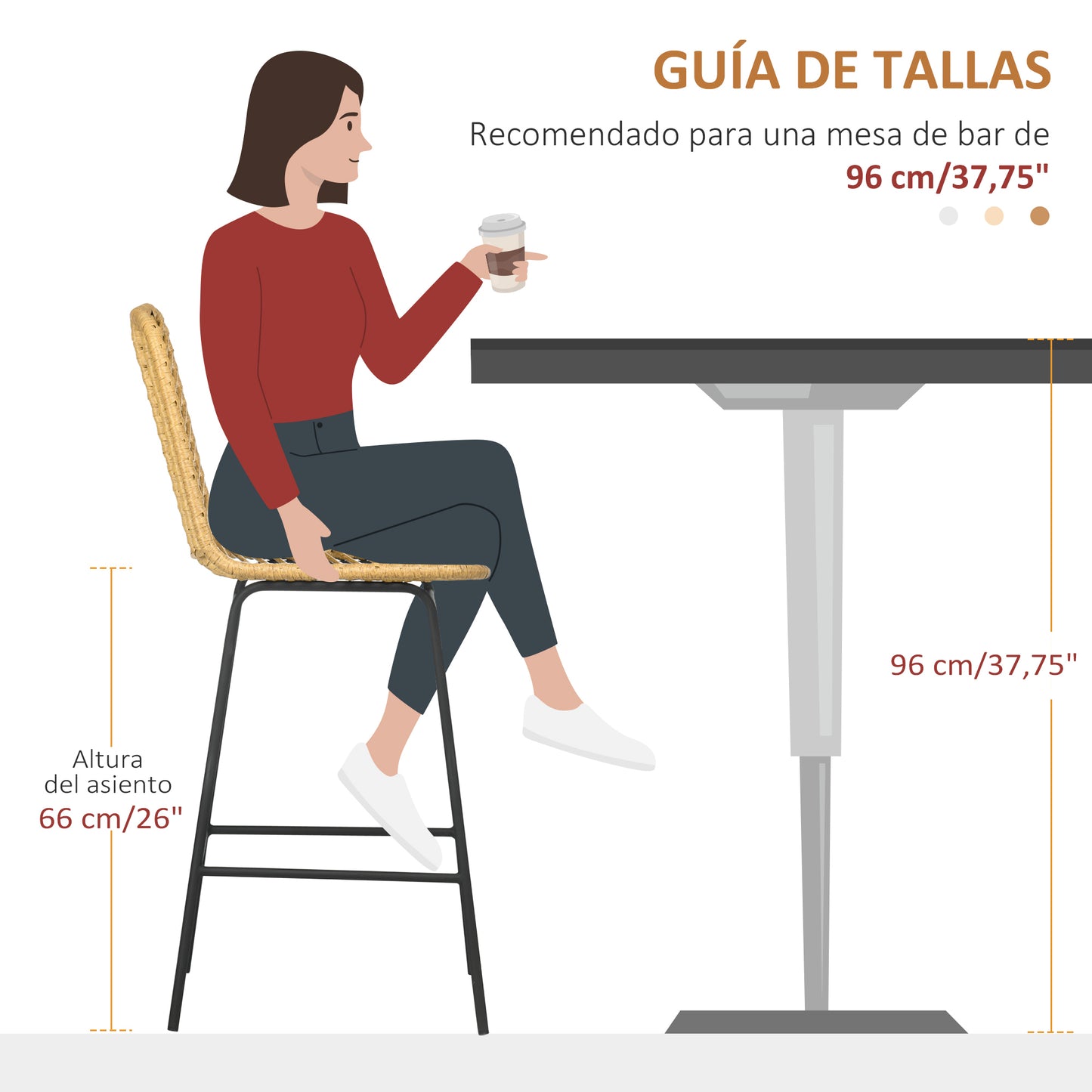 HOMCOM Conjunto de 4 Taburetes de Bar Modernos Taburetes Altos de Cocina con Asiento de Ratán Sintético y Patas de Acero Carga 120 kg para Comedor Sala 42,5x52x102 cm Natural