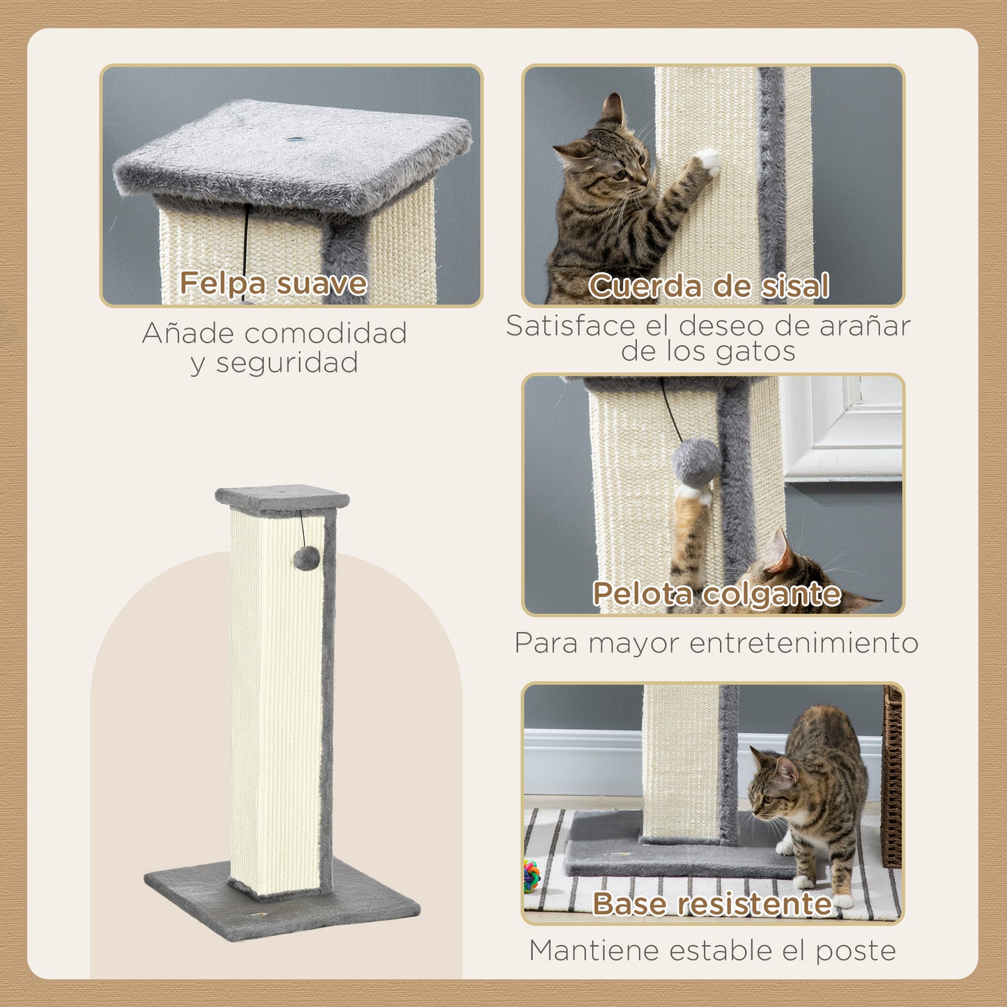 PawHut Poste Rascador para Gatos Altura 81 cm Rascador para Gatos Arañador para Gatos con Poste de Sisal y Bola Colgante 41x41x81 cm Gris