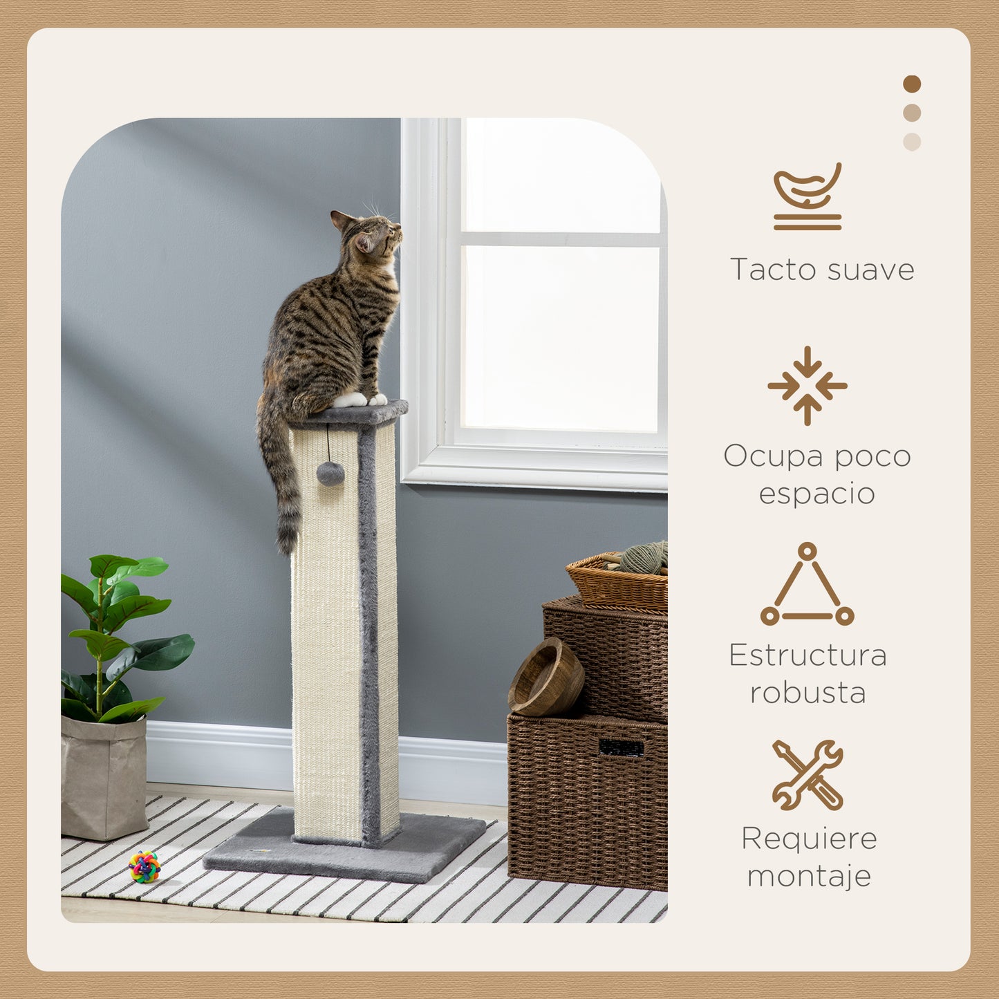 PawHut Poste Rascador para Gatos Altura 81 cm Rascador para Gatos Arañador para Gatos con Poste de Sisal y Bola Colgante 41x41x81 cm Gris