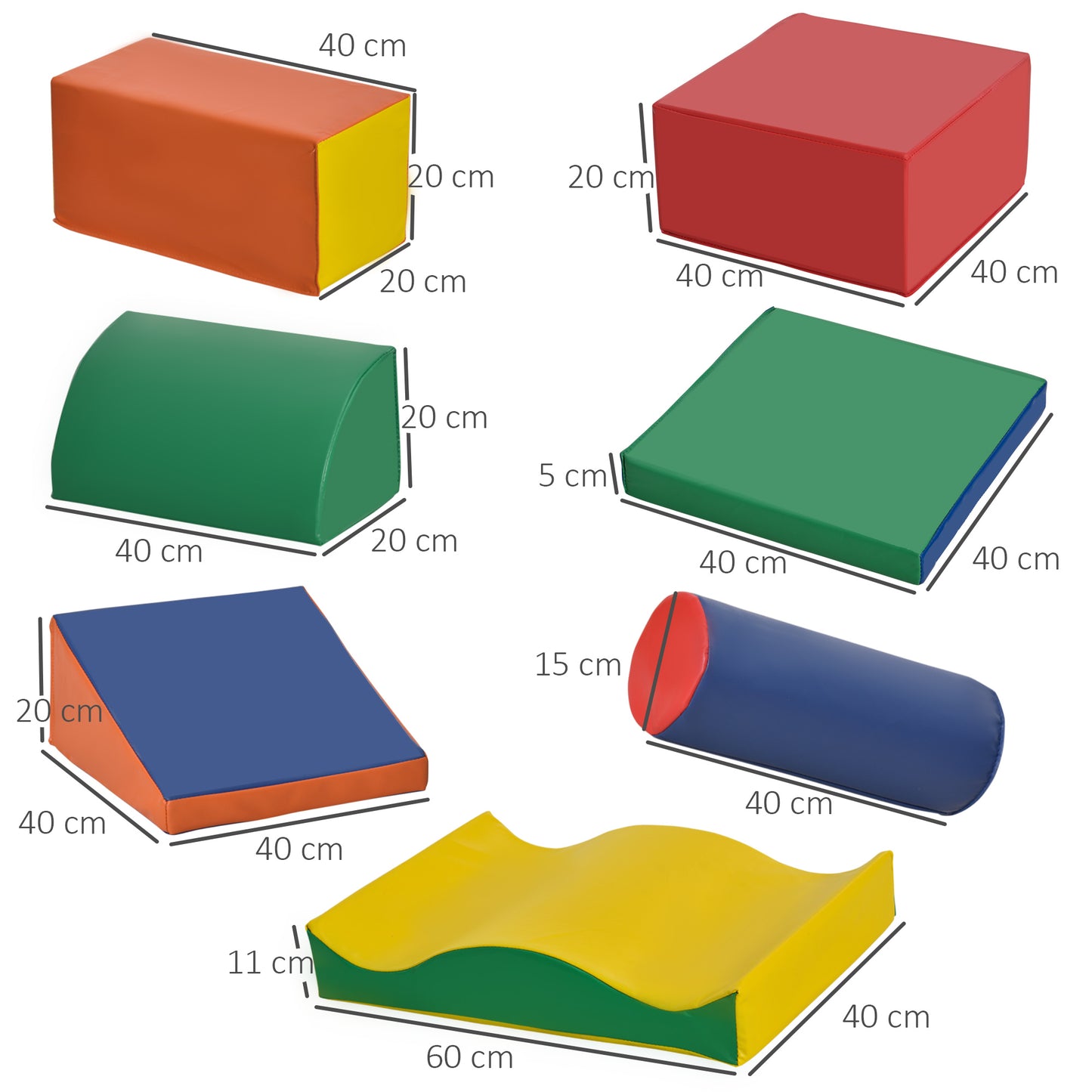 HOMCOM Juego de 7 Bloques de Espuma para Niños de 1-3 Años Bloques Psicomotricidad Figuras de Construcción para Escalar y Gatear 60x40x11 cm Multicolor