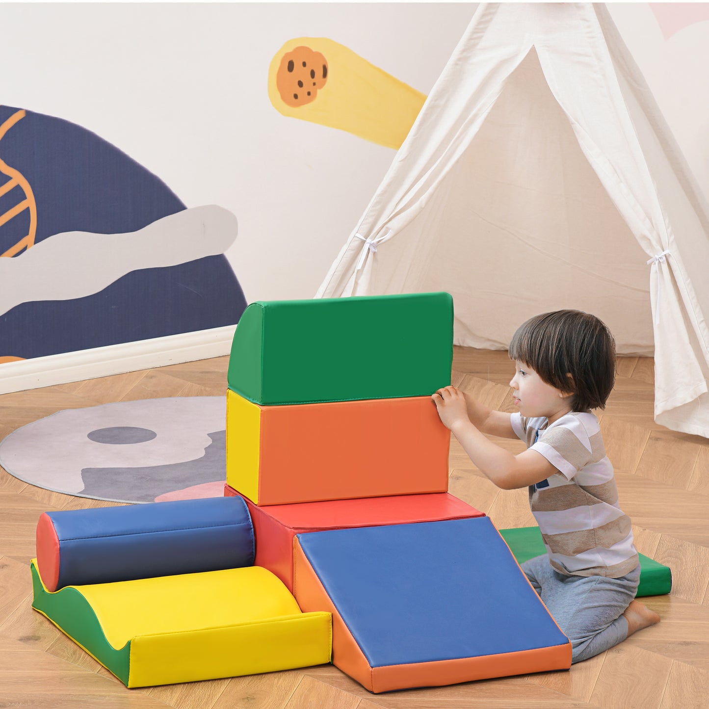 HOMCOM Juego de 7 Bloques de Espuma para Niños de 1-3 Años Bloques Psicomotricidad Figuras de Construcción para Escalar y Gatear 60x40x11 cm Multicolor