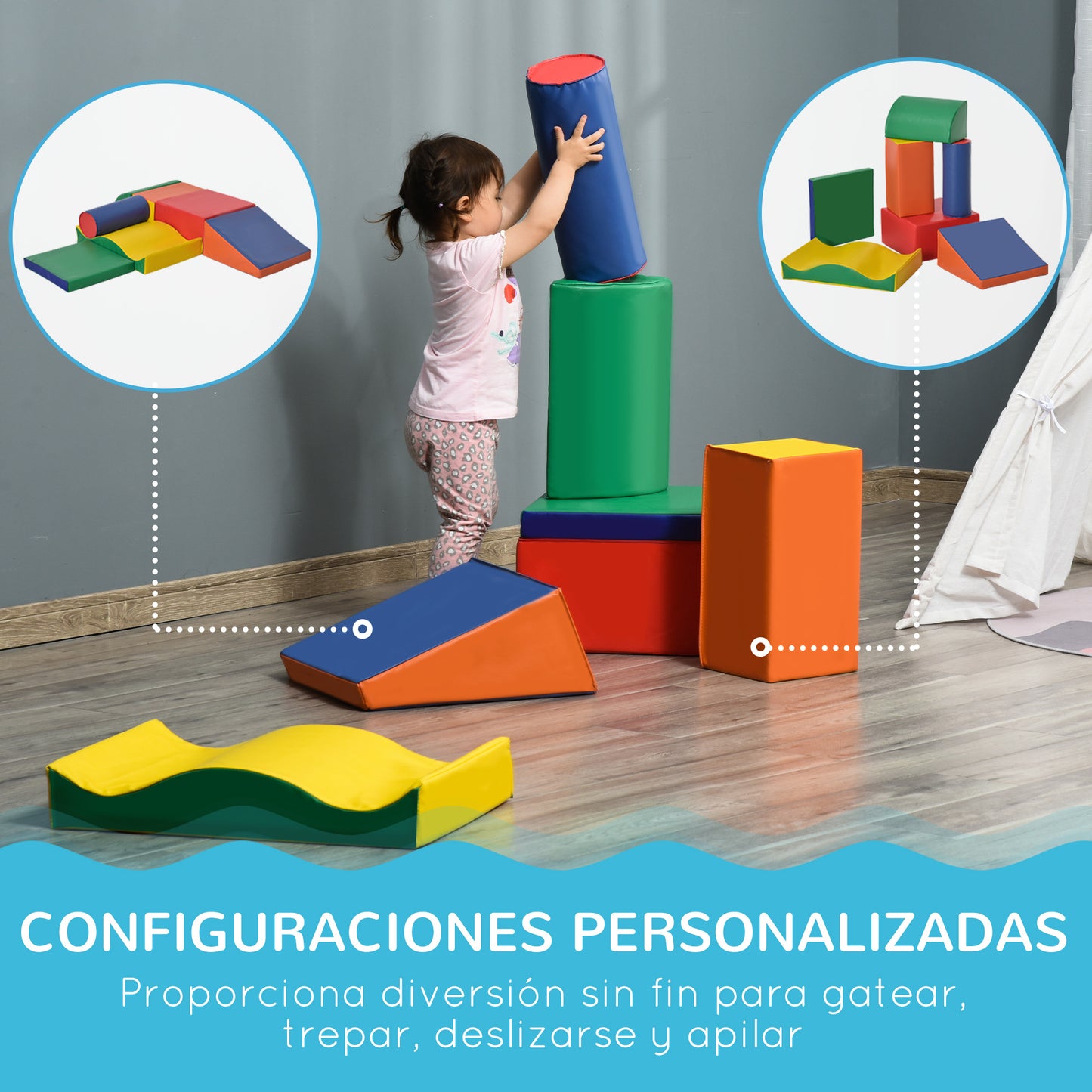 HOMCOM Juego de 7 Bloques de Espuma para Niños de 1-3 Años Bloques Psicomotricidad Figuras de Construcción para Escalar y Gatear 60x40x11 cm Multicolor