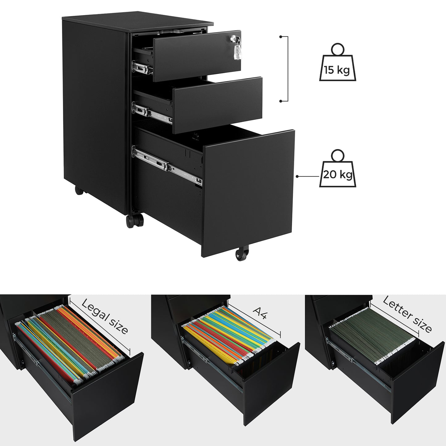 Archivador Móvil con Ruedas y Cerradura Negro-SONGMICS