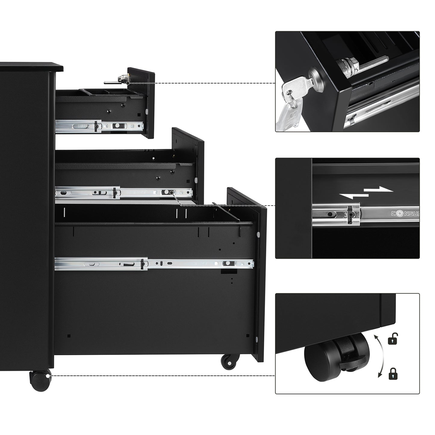 Archivador Móvil con Ruedas y Cerradura Negro-SONGMICS