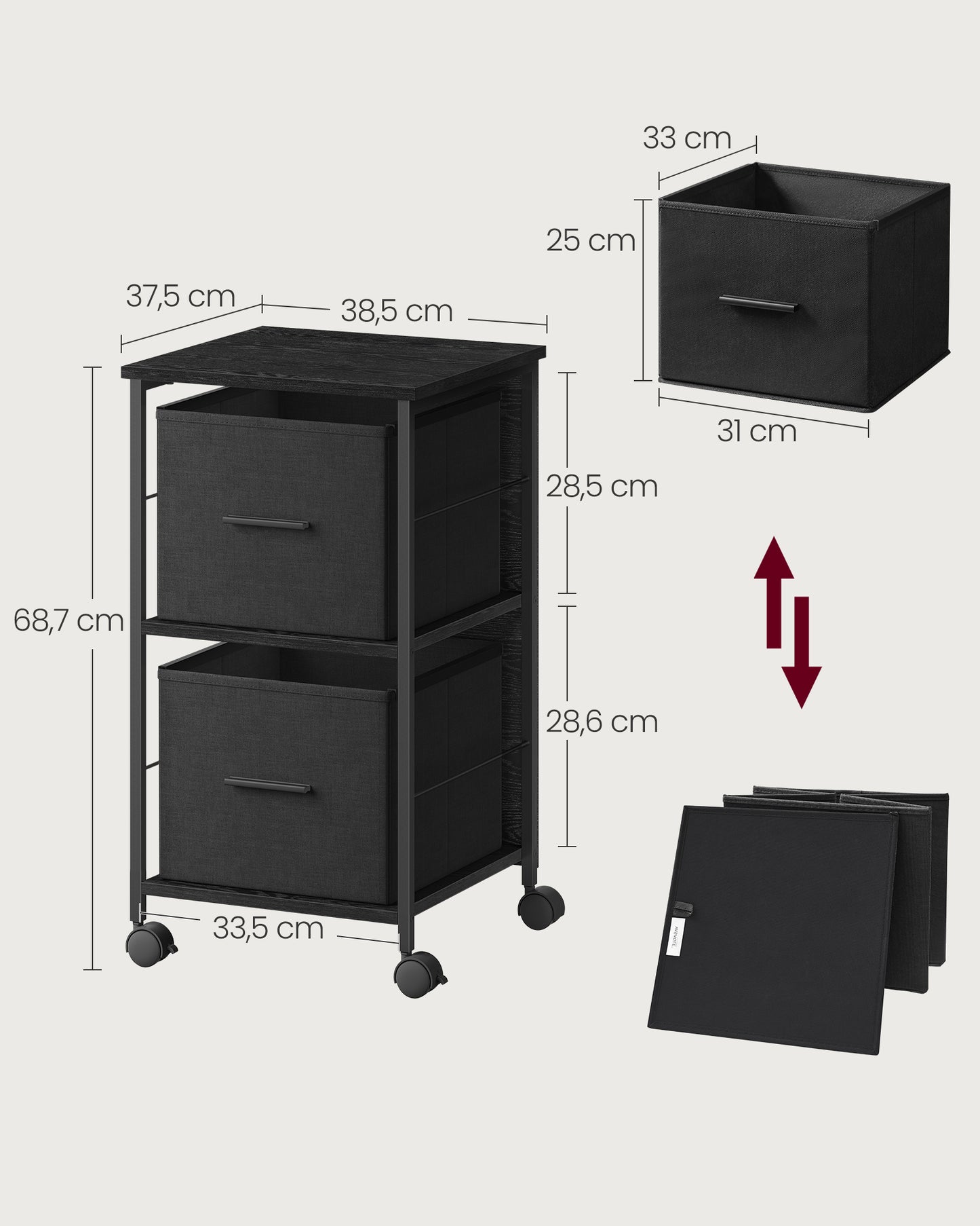 Archivador con 2 Cajones para Impresora Negro Ébano y Negro-VASAGLE