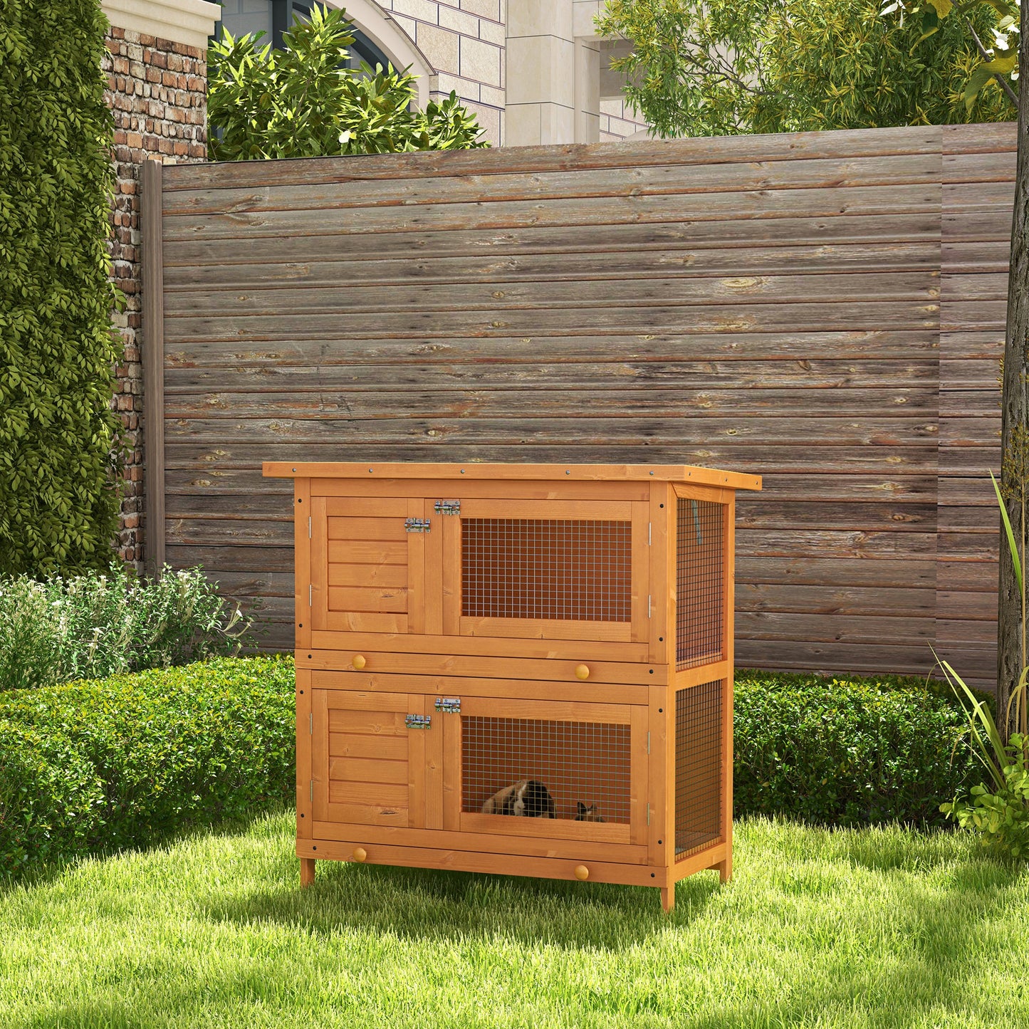 PawHut Conejera de Madera Exterior de 2 Niveles Jaula para 1-2 Conejos Mascotas Pequeñas con Techo Asfáltico Abrible y 2 Bandejas Extraíbles 90x45x90 cm Madera Natural