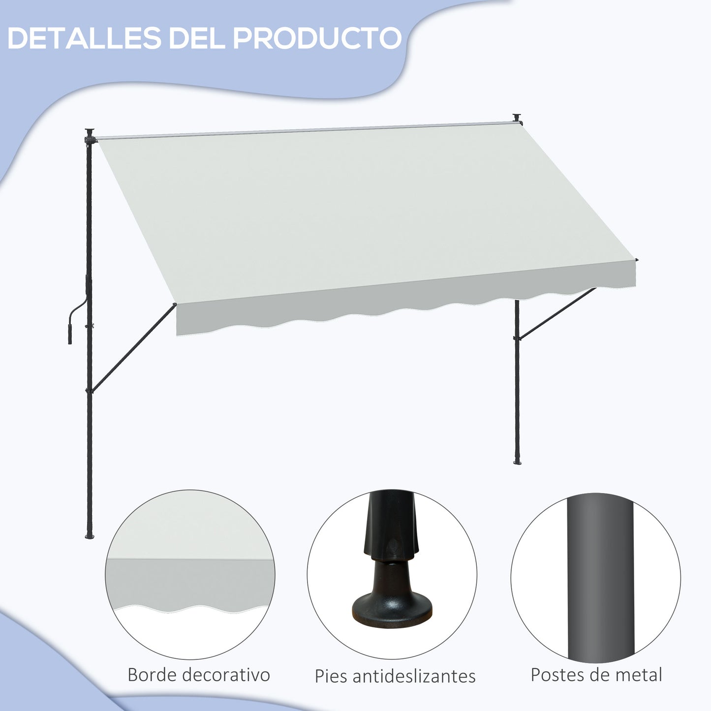 Outsunny Toldo Manual Retráctil 300x175x210-310 cm Toldo para Balcón con Altura Ajustable Manivela y Protección Solar para Terraza Jardín Crema