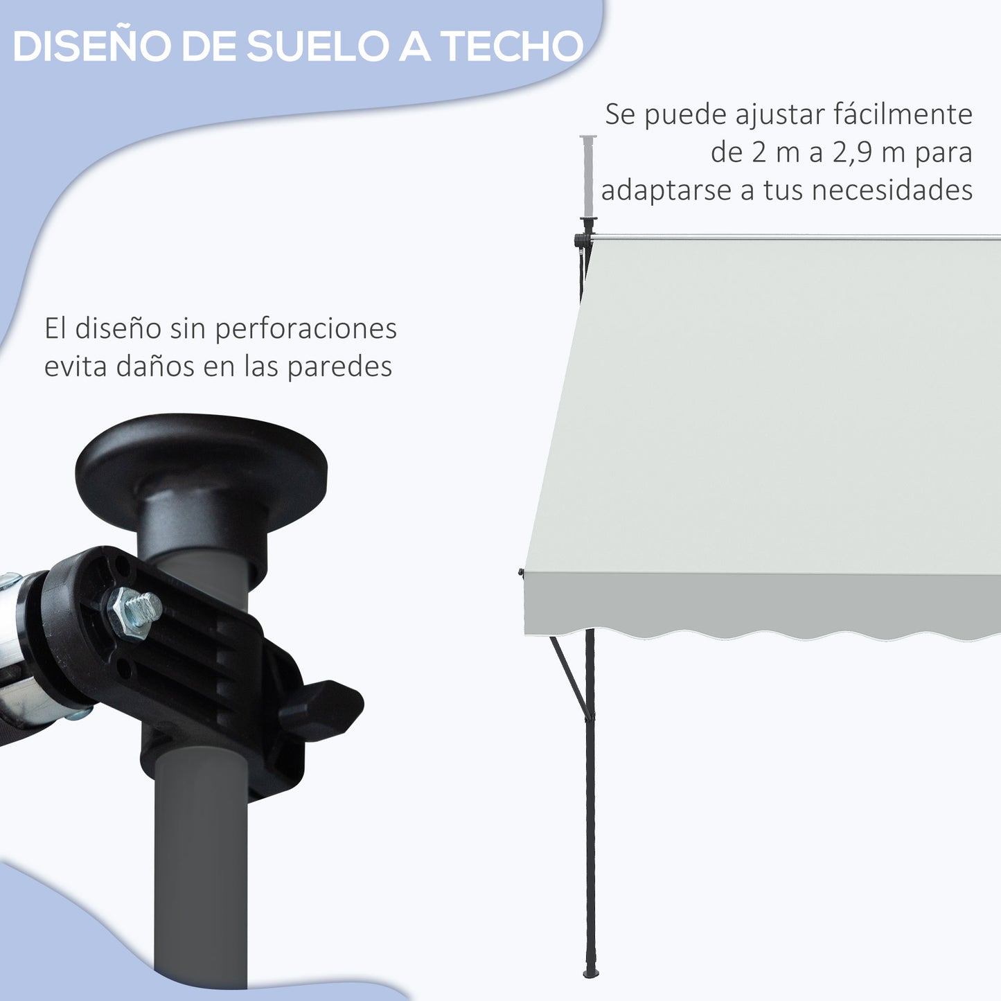 Outsunny Toldo Manual Retráctil 300x175x210-310 cm Toldo para Balcón con Altura Ajustable Manivela y Protección Solar para Terraza Jardín Crema