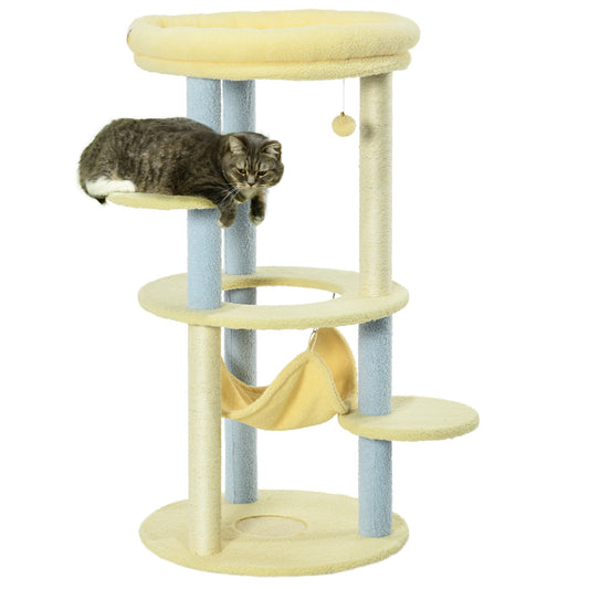 PawHut Árbol Rascador para Gatos Mediano 110 cm Torre para Gatos Centro de Actividades para Gatitos con Hamaca Poste de Sisal y Bola Colgante Ø58x110 cm Amarillo y Azul