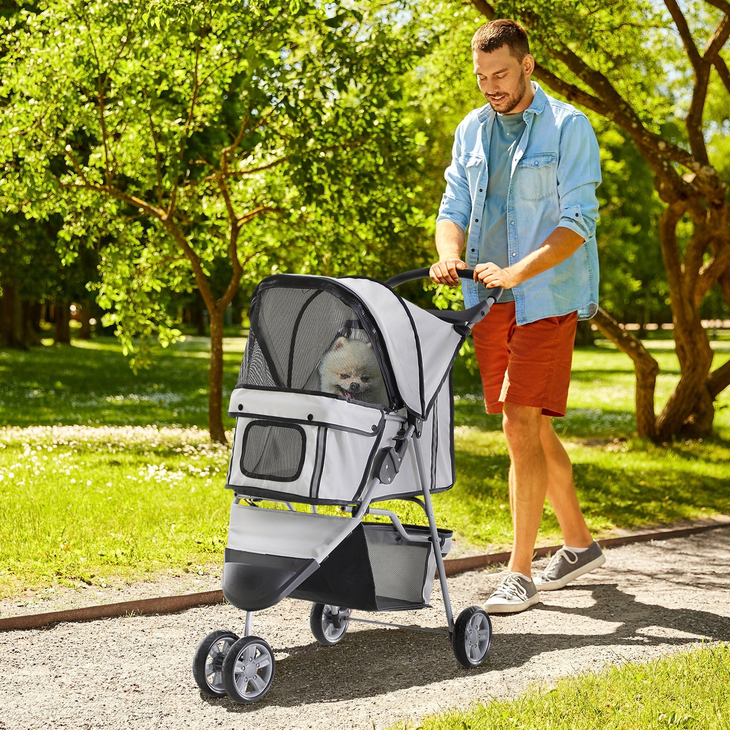 PawHut Carrito para Perros Plegable Cochecito para Mascotas Carrito para Perros Pequeños con Cesta de Almacenaje Ventanas de Malla y 2 Ruedas Universales 75x45x97 cm Gris