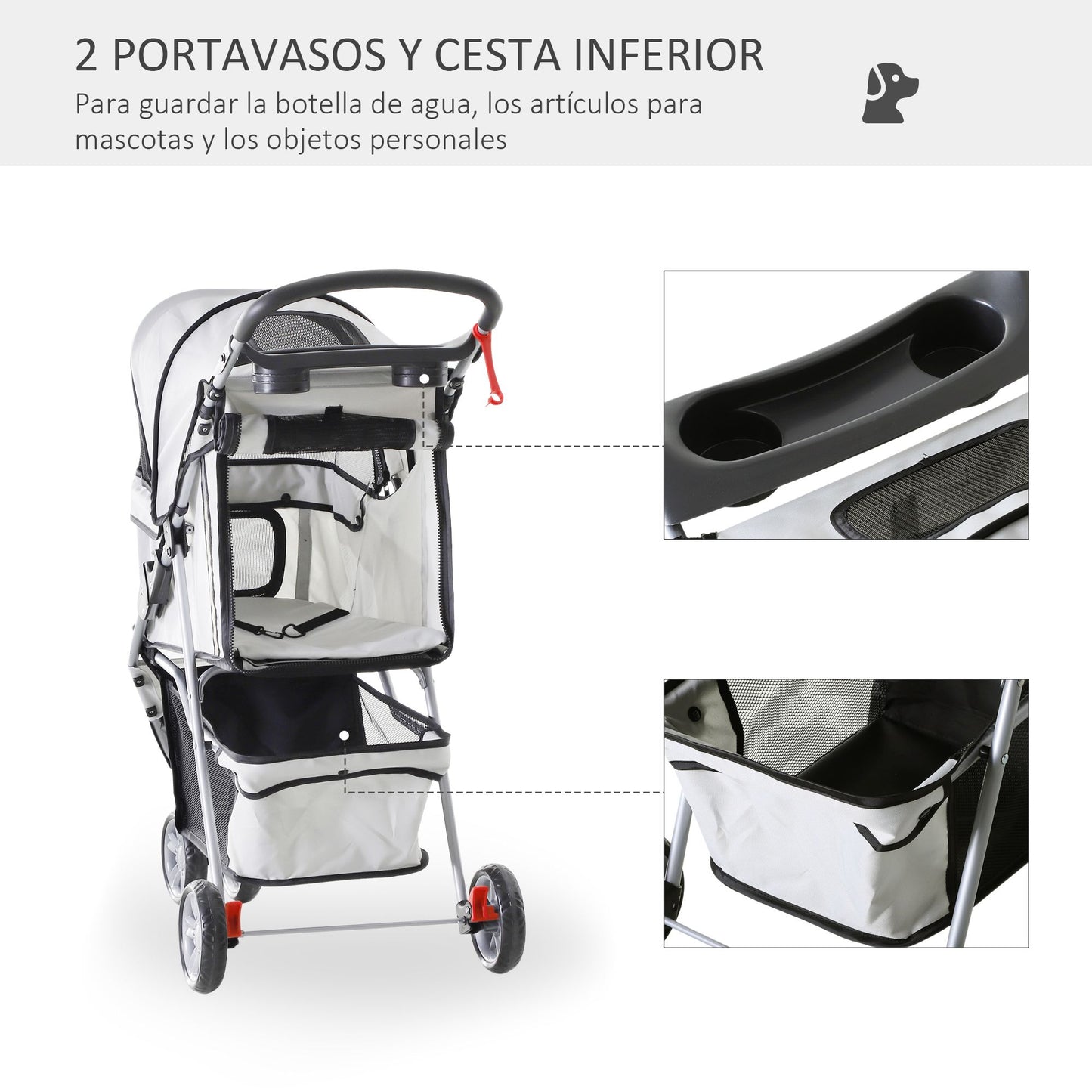 PawHut Carrito para Perros Plegable Cochecito para Mascotas Carrito para Perros Pequeños con Cesta de Almacenaje Ventanas de Malla y 2 Ruedas Universales 75x45x97 cm Gris