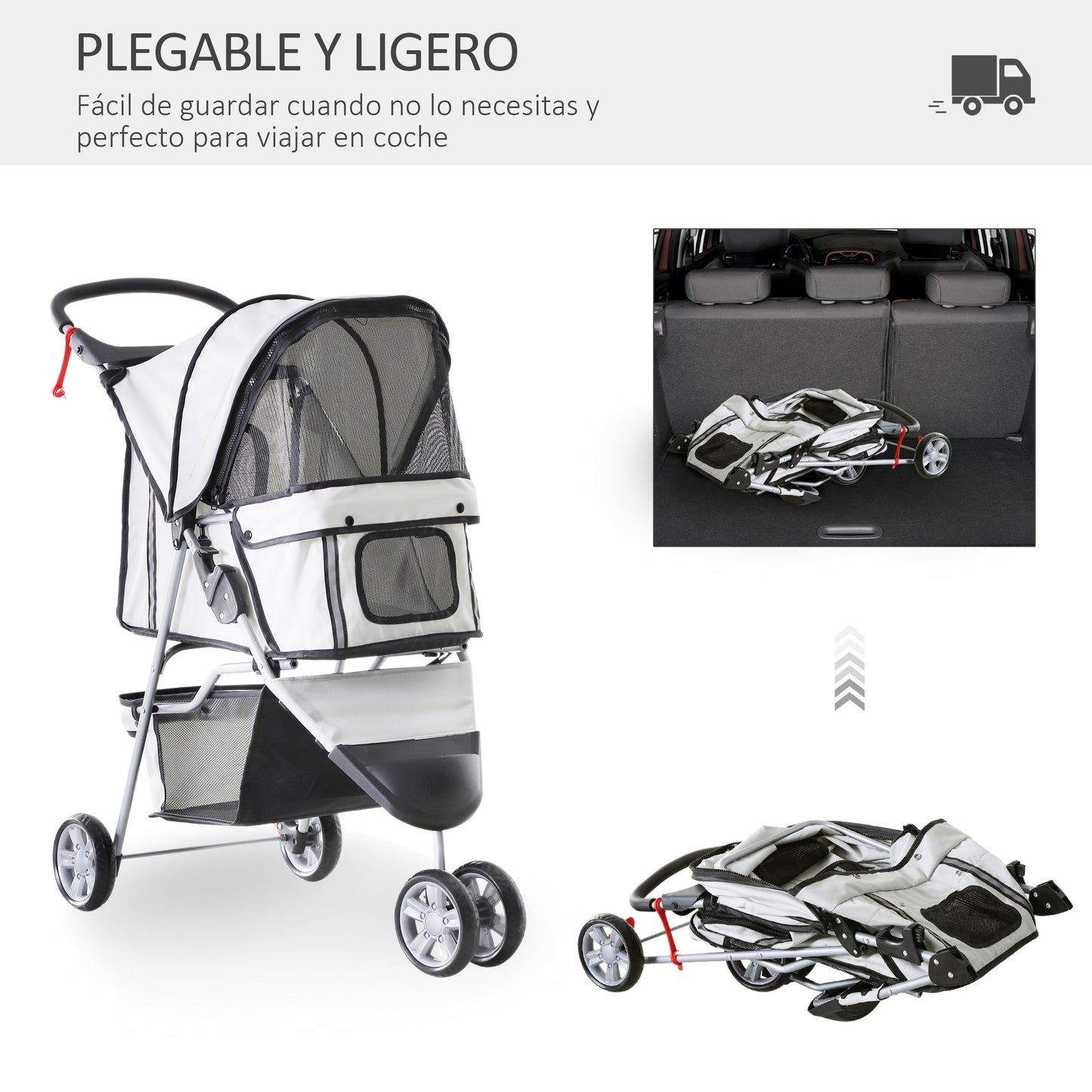 PawHut Carrito para Perros Plegable Cochecito para Mascotas Carrito para Perros Pequeños con Cesta de Almacenaje Ventanas de Malla y 2 Ruedas Universales 75x45x97 cm Gris