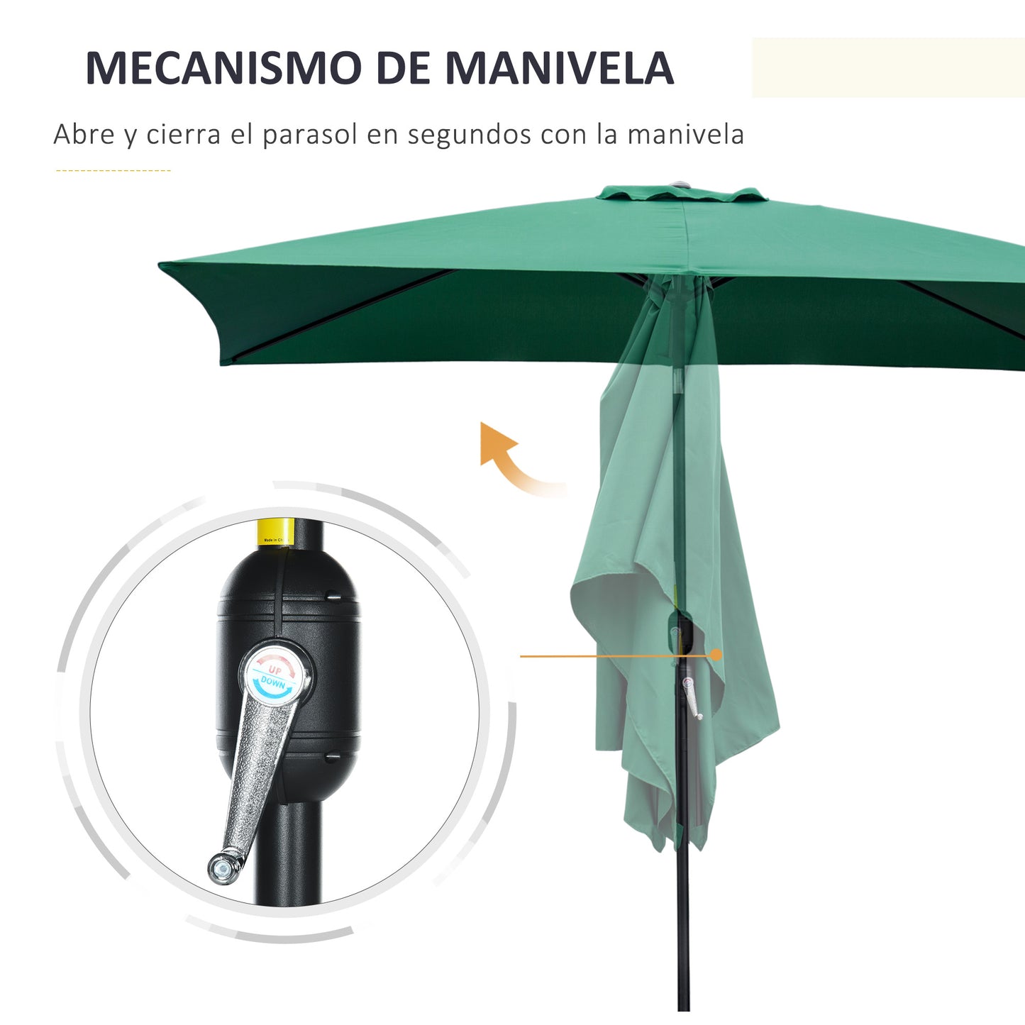 Outsunny Sombrilla de Aluminio 195x295x253 cm Parasol Rectangular de Jardín Inclinable con Manivela y Poste Desmontable para Terraza Piscina Patio Exterior Verde