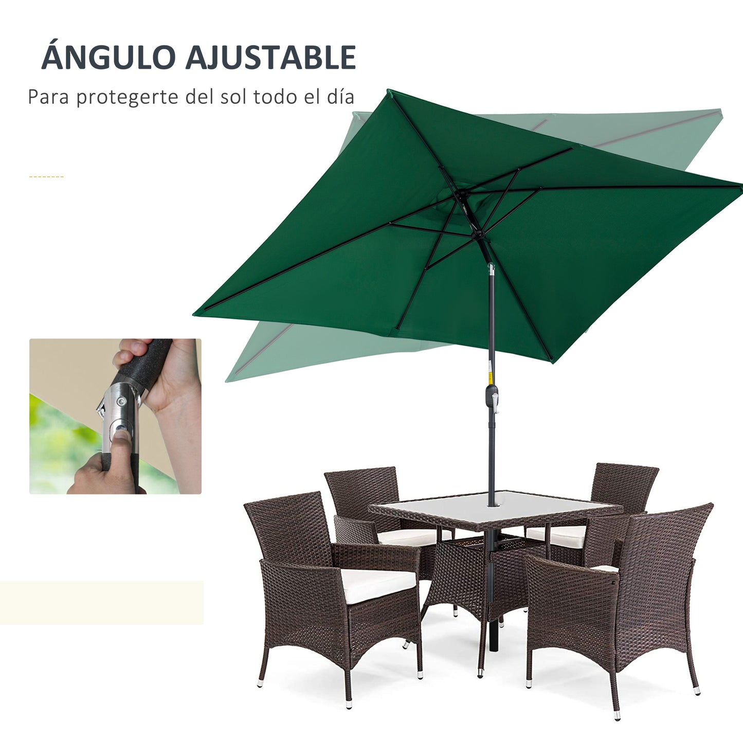 Outsunny Sombrilla de Aluminio 195x295x253 cm Parasol Rectangular de Jardín Inclinable con Manivela y Poste Desmontable para Terraza Piscina Patio Exterior Verde