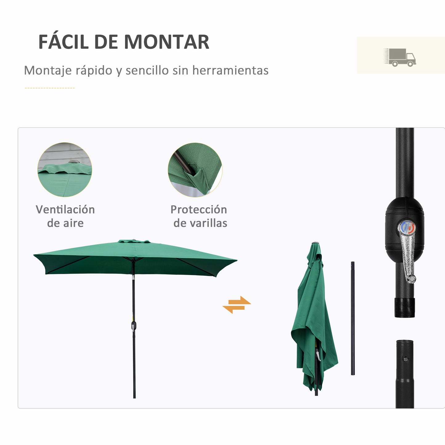 Outsunny Sombrilla de Aluminio 195x295x253 cm Parasol Rectangular de Jardín Inclinable con Manivela y Poste Desmontable para Terraza Piscina Patio Exterior Verde