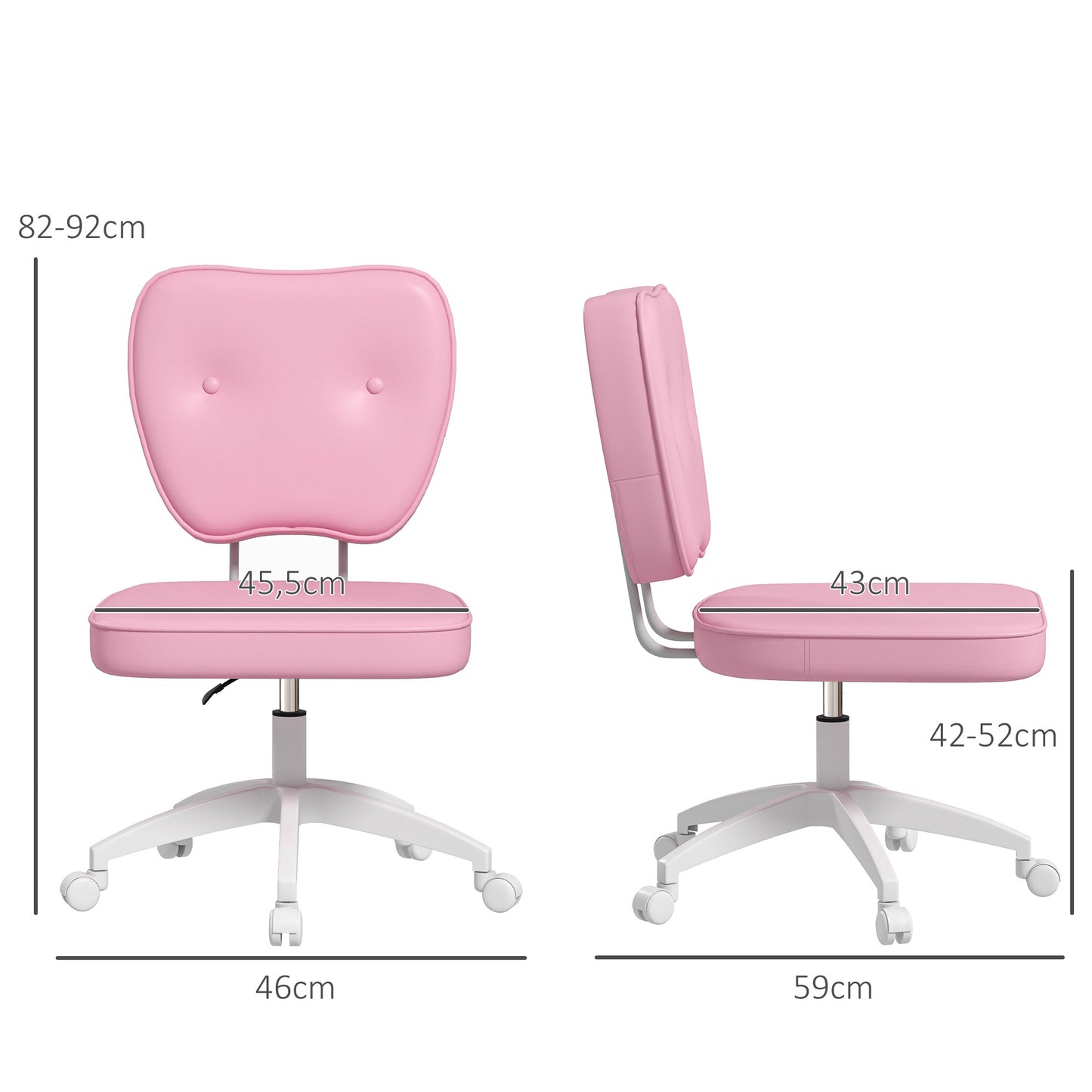 Vinsetto Silla de Escritorio Tapizada en PU Silla de Oficina Giratoria con Altura Ajustable Sin Brazos Carga 120 kg Silla para Estudio Dormitorio 46x59x82-92 cm Rosa