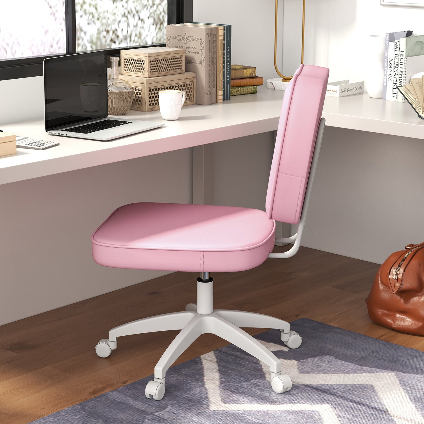 Vinsetto Silla de Escritorio Tapizada en PU Silla de Oficina Giratoria con Altura Ajustable Sin Brazos Carga 120 kg Silla para Estudio Dormitorio 46x59x82-92 cm Rosa