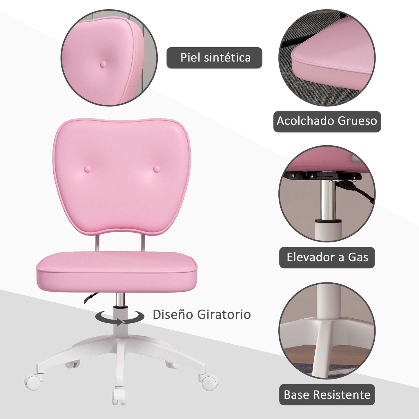 Vinsetto Silla de Escritorio Tapizada en PU Silla de Oficina Giratoria con Altura Ajustable Sin Brazos Carga 120 kg Silla para Estudio Dormitorio 46x59x82-92 cm Rosa